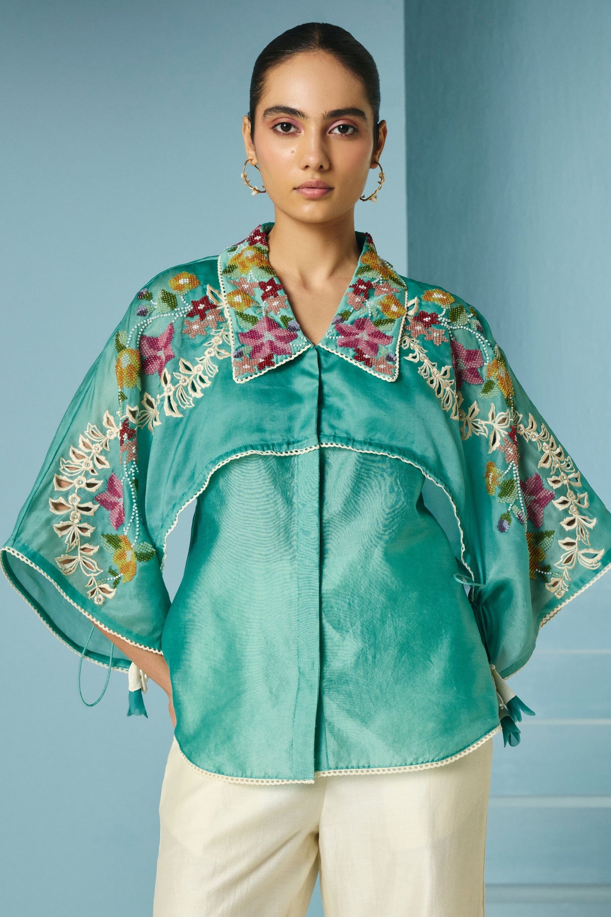 Aqua Floral Beadwork Layered Shirt