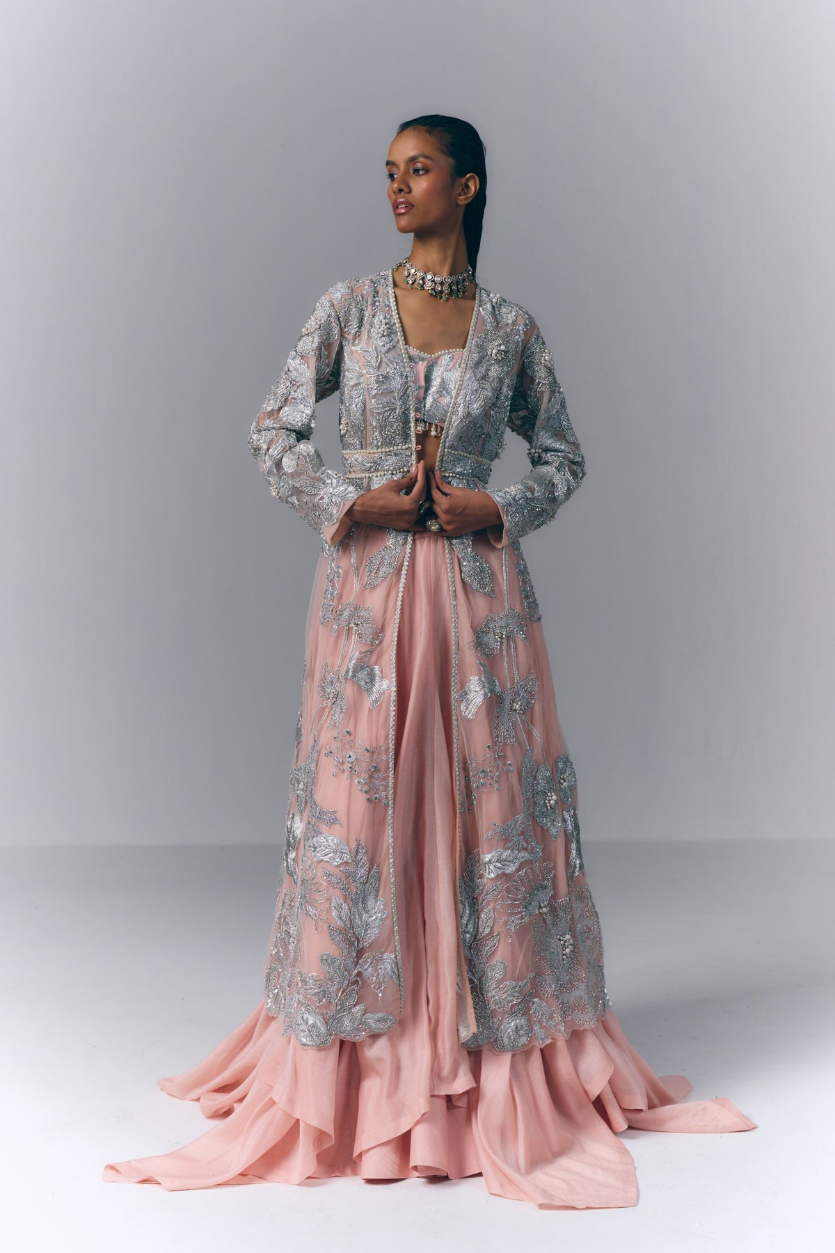 Peach Embellished Long Jacket Set