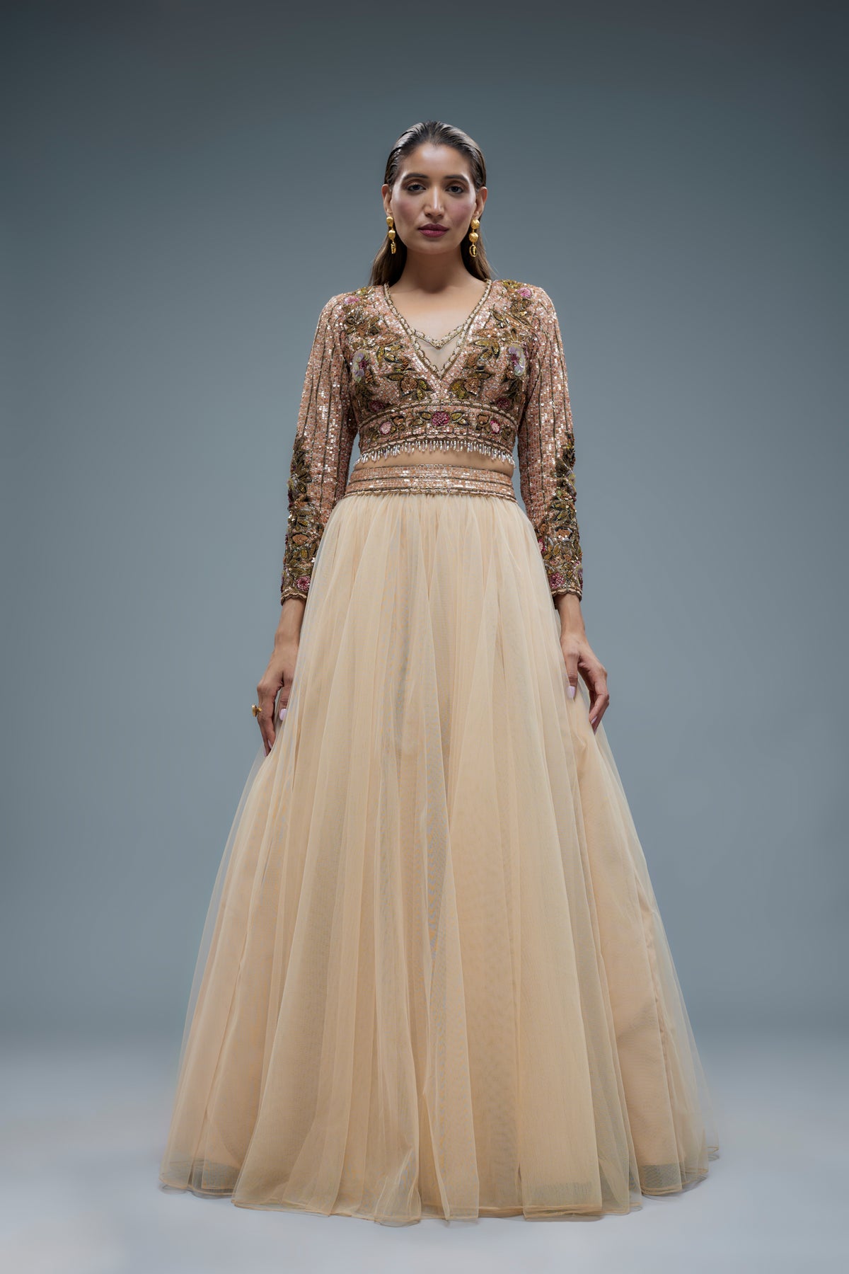 Beige Net Lehenga Set