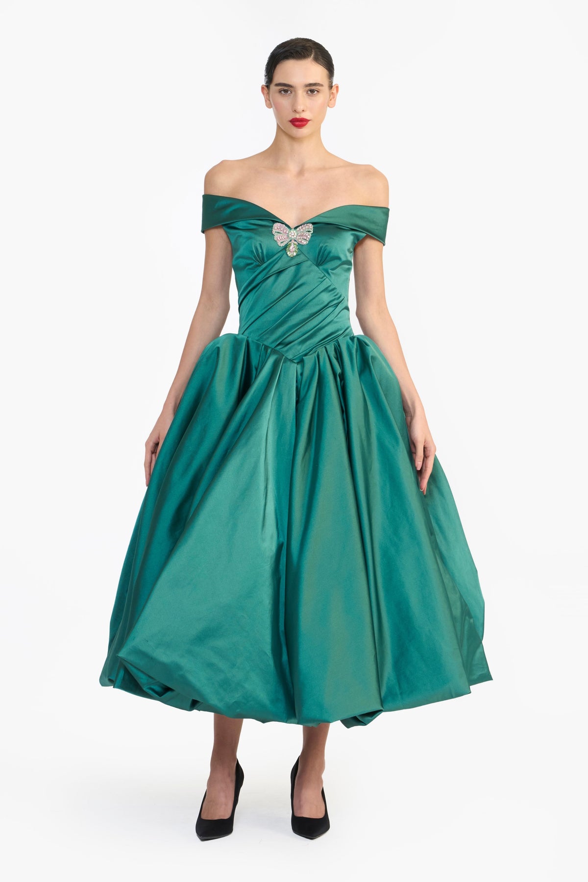 Off Shoulder Draped Balloon Midi