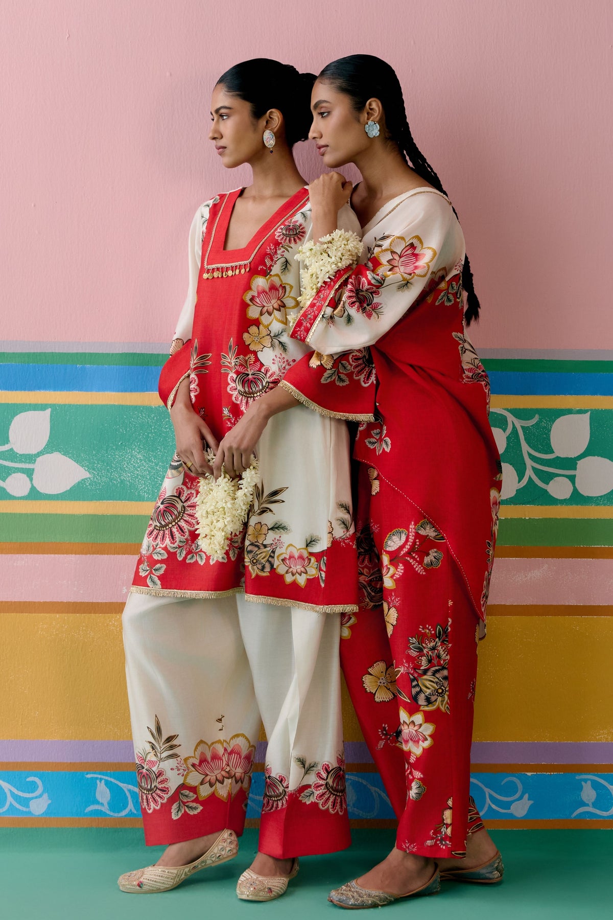 Ecru Red Floral Kurta Set