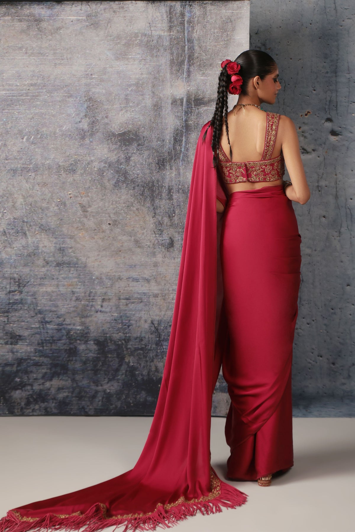 Maroon Heavy Fringe Saree Set
