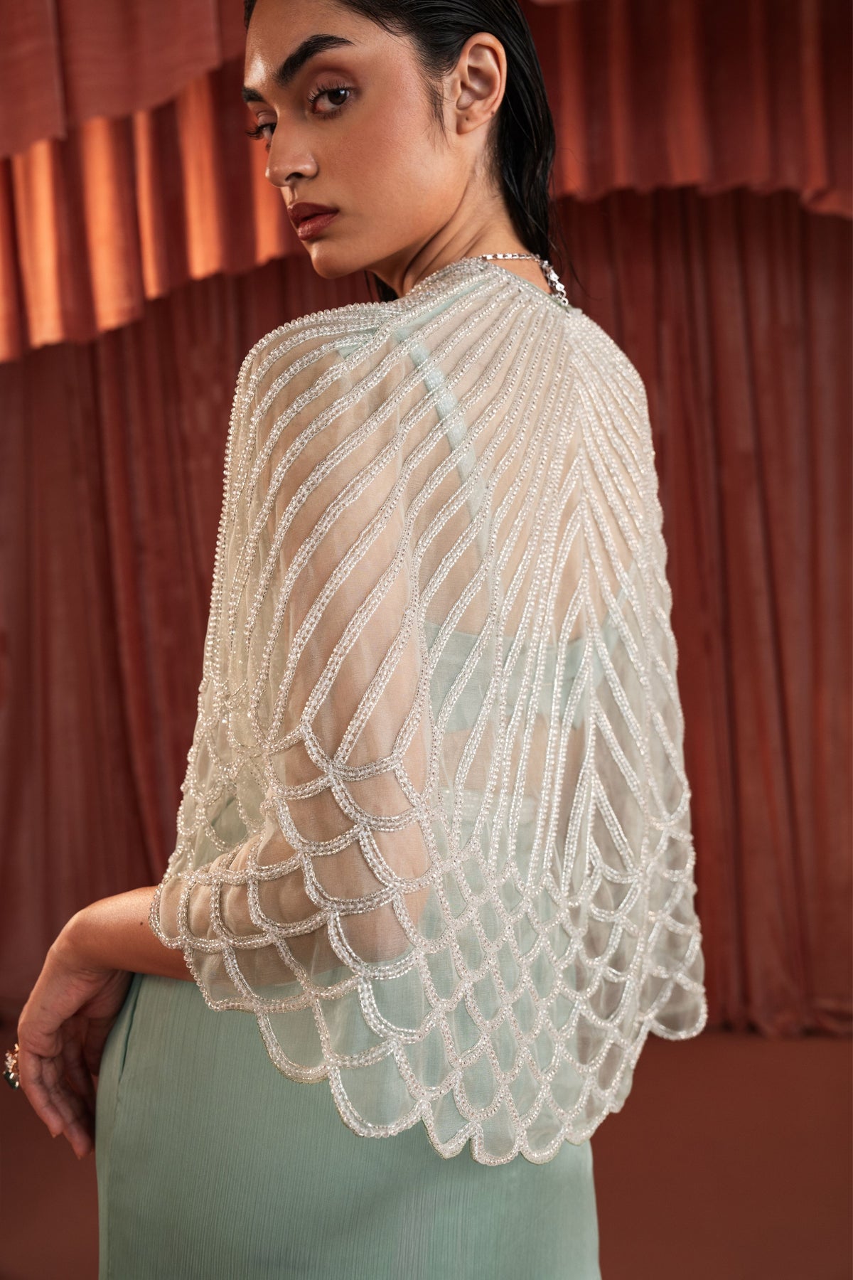 Sea Green Beaded Cape Set