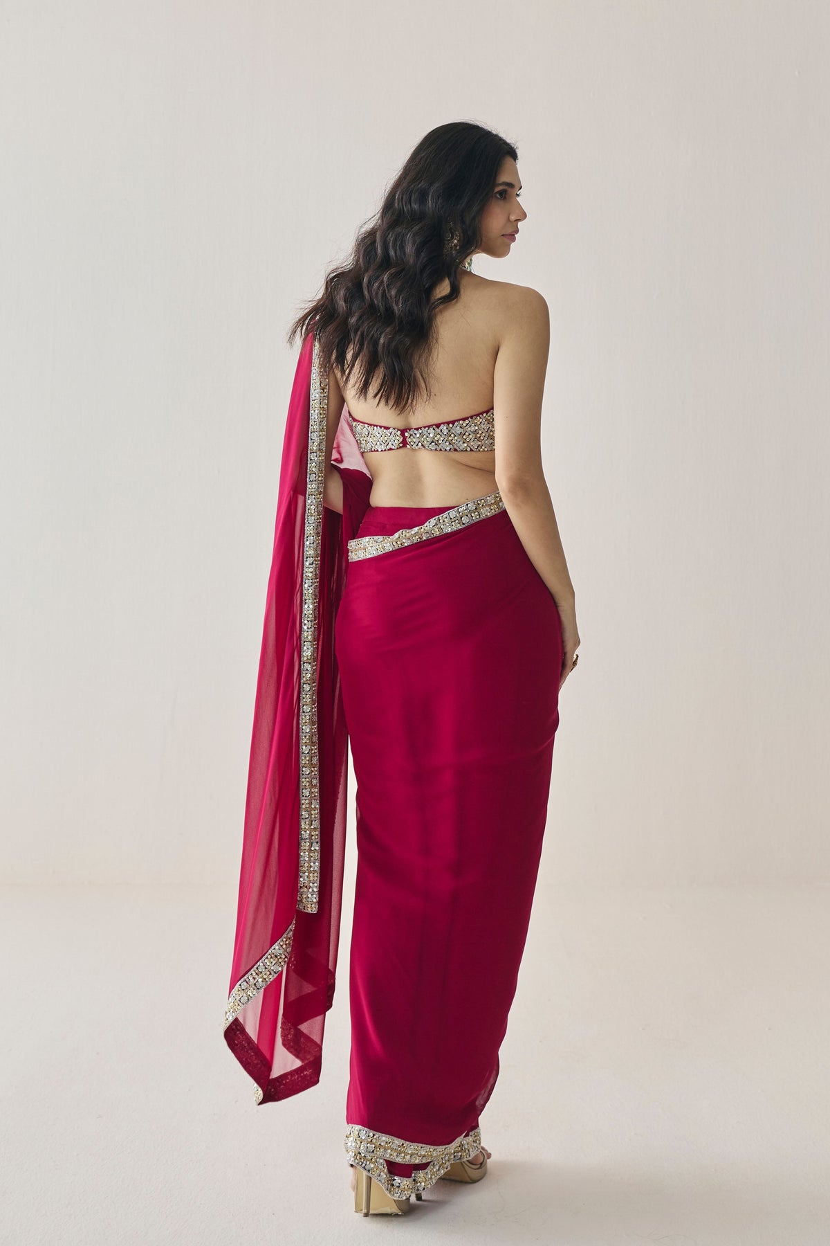 Elowen Berry Pre Stitched Saree Set