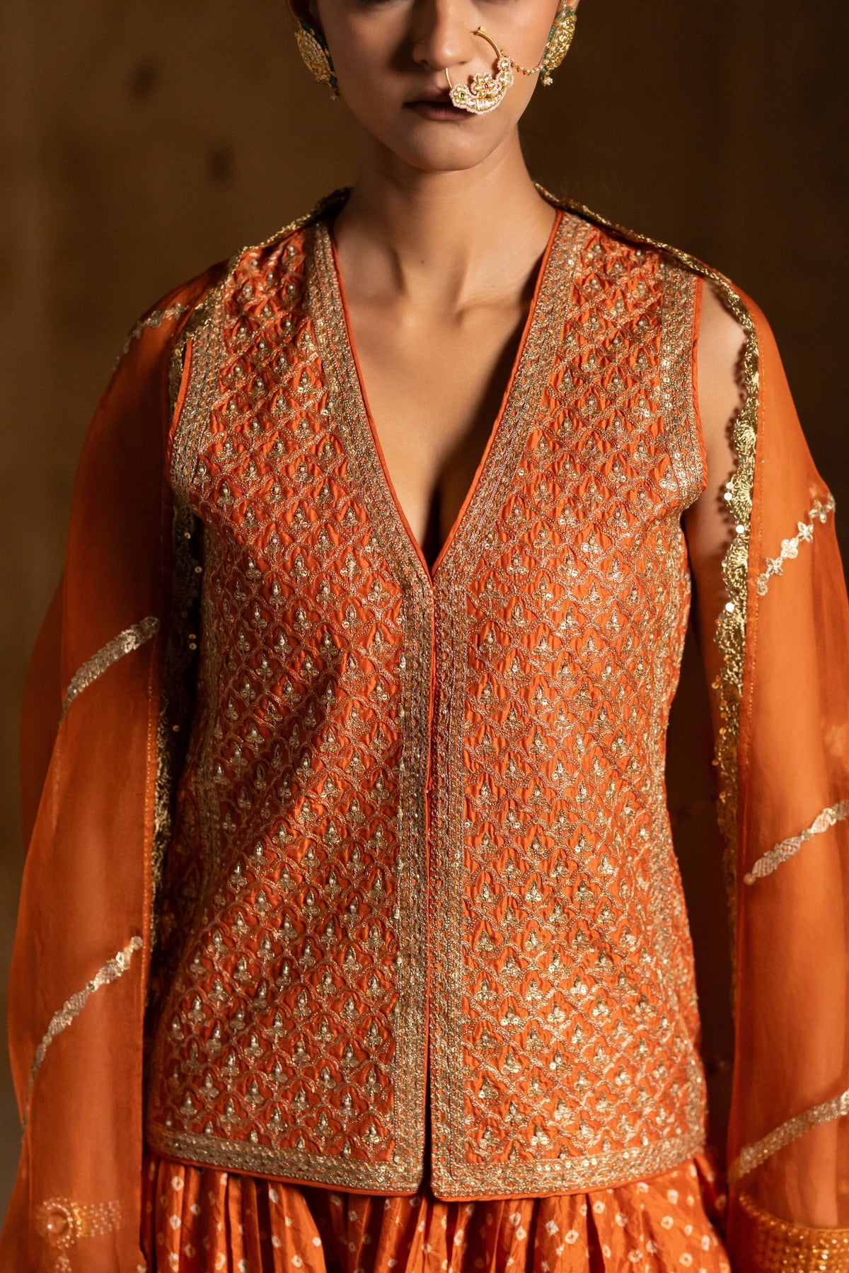 Rust  Bandhani Jacket Set