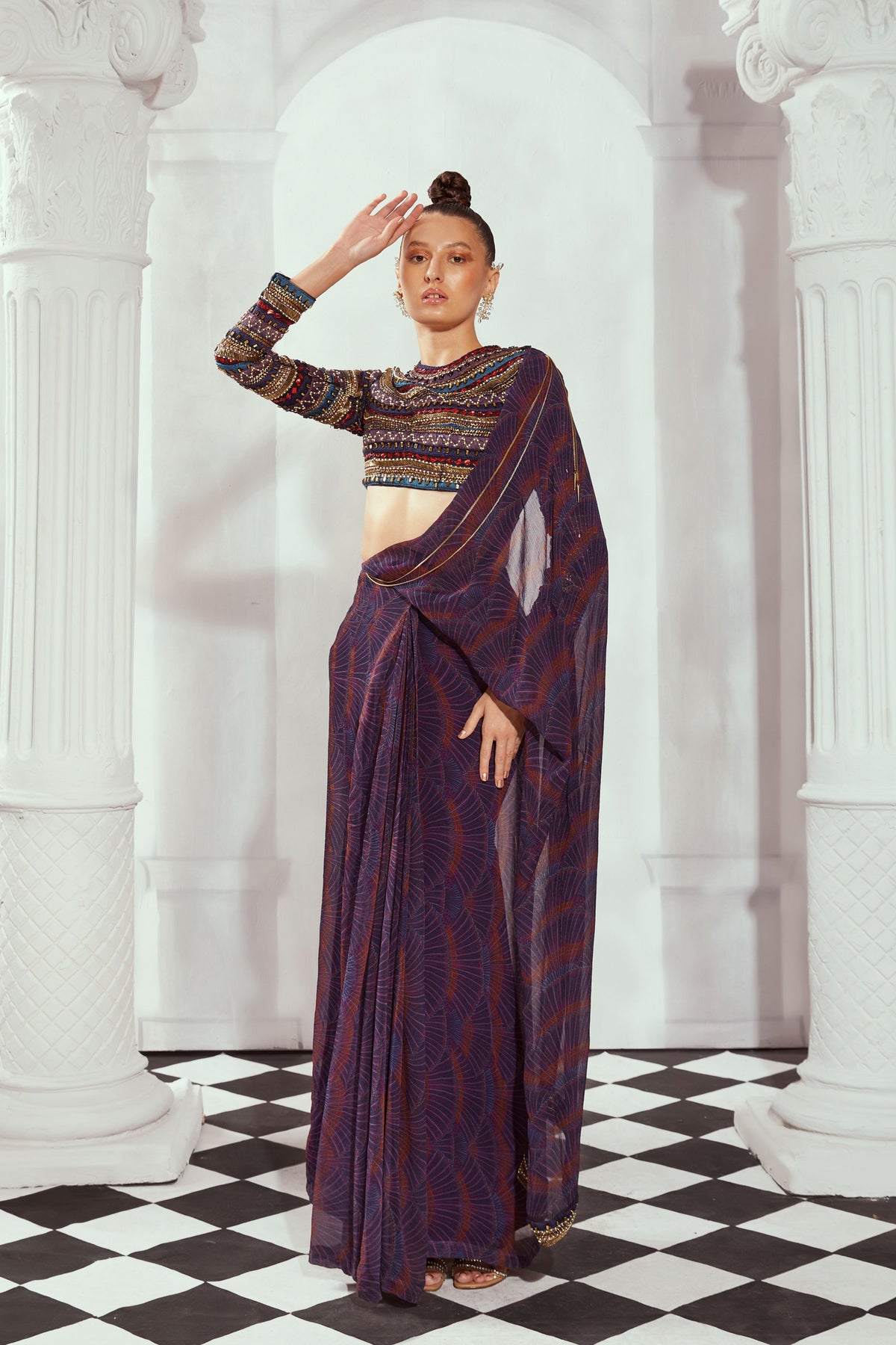 Overtine Greek Art Print Pre Drapped Saree