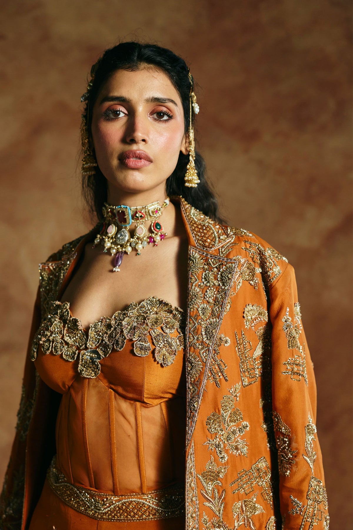 Orange Zardozi Sindh Jacket Set