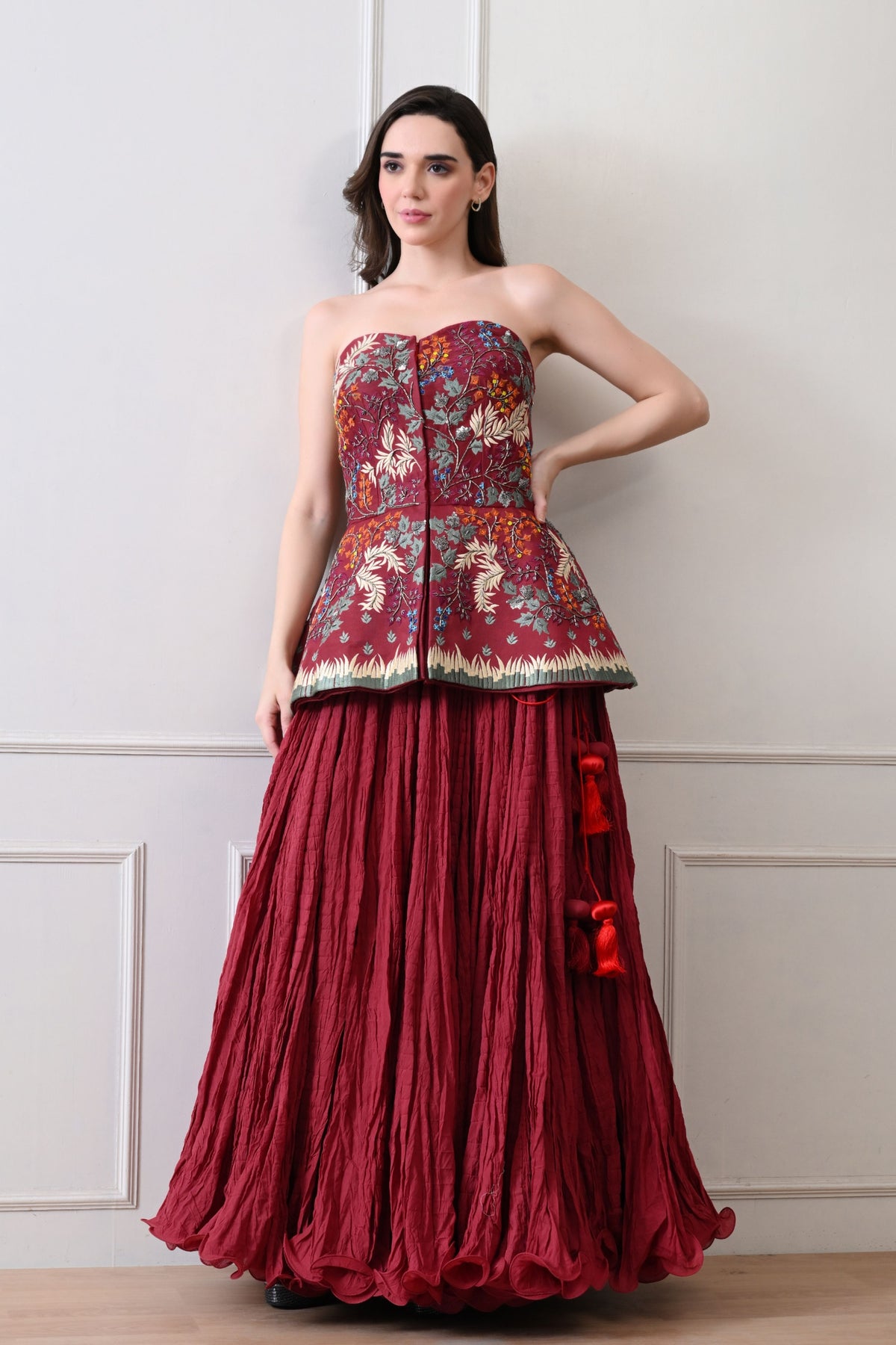 Maroon Strapless Peplum Skirt Set