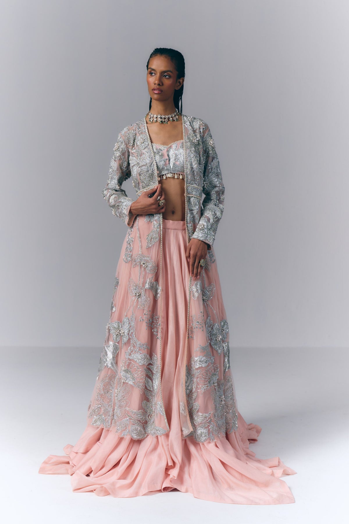 Peach Embellished Long Jacket Set