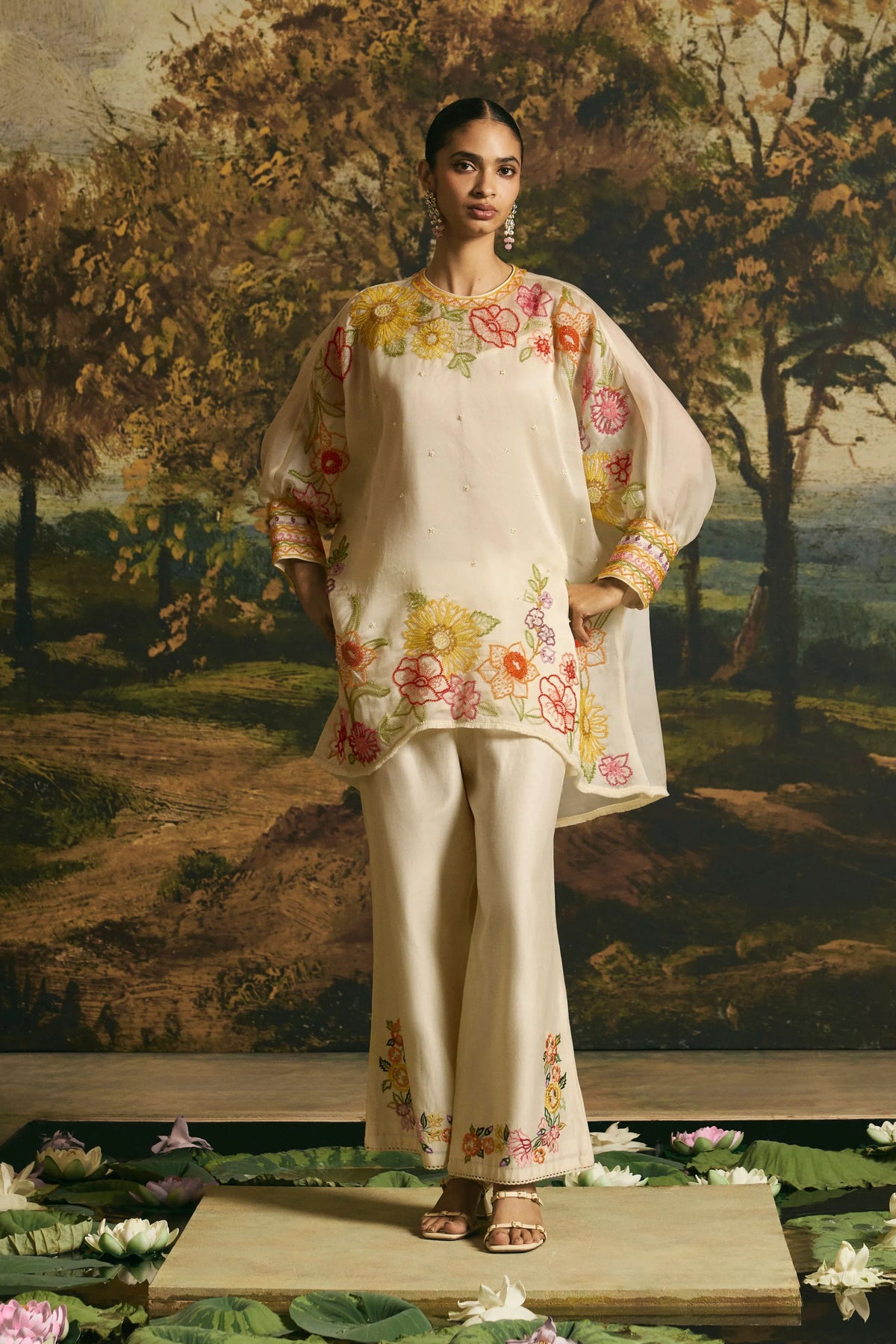 Ivory Floral Silk Tunic Set