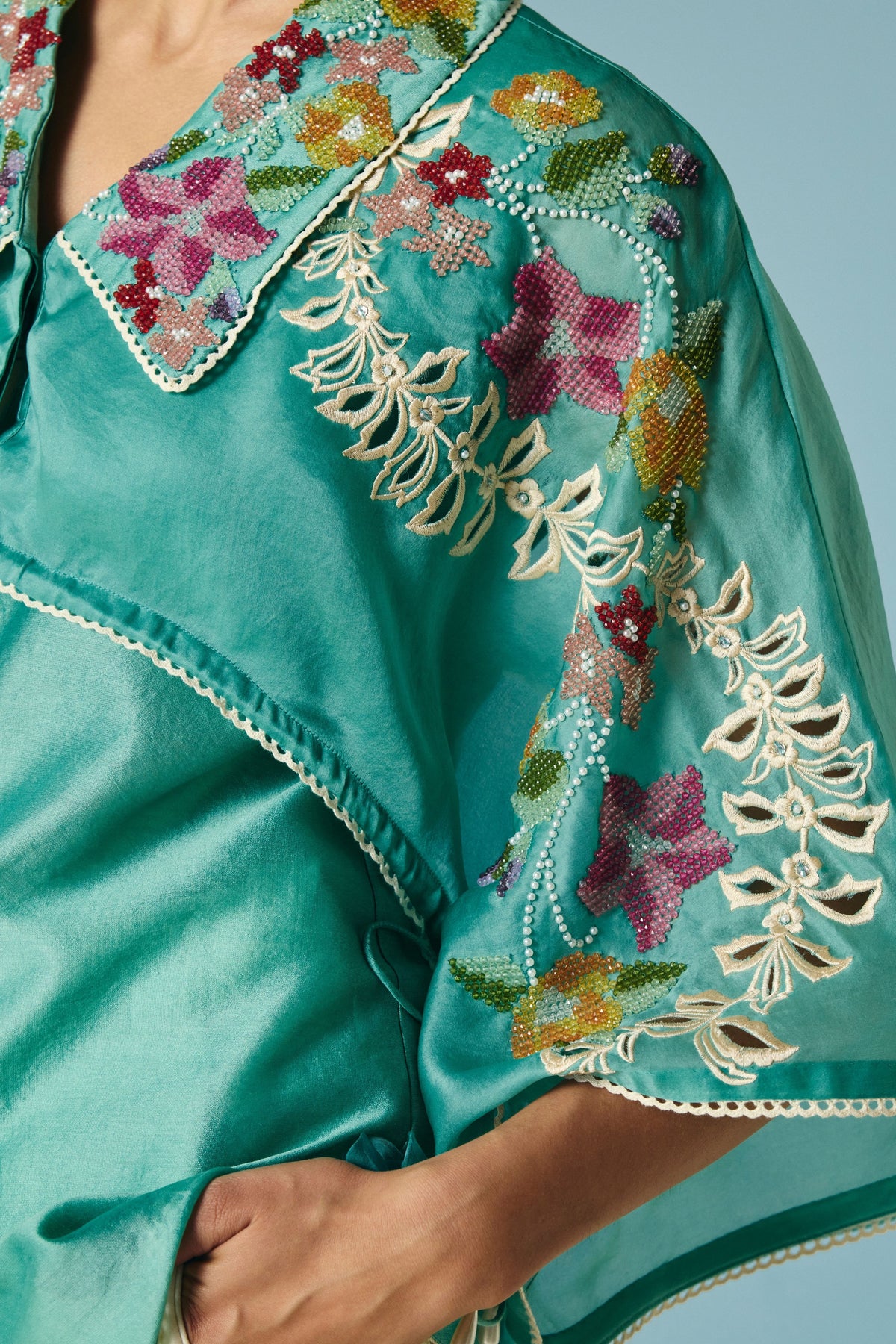 Aqua Floral Beadwork Layered Shirt