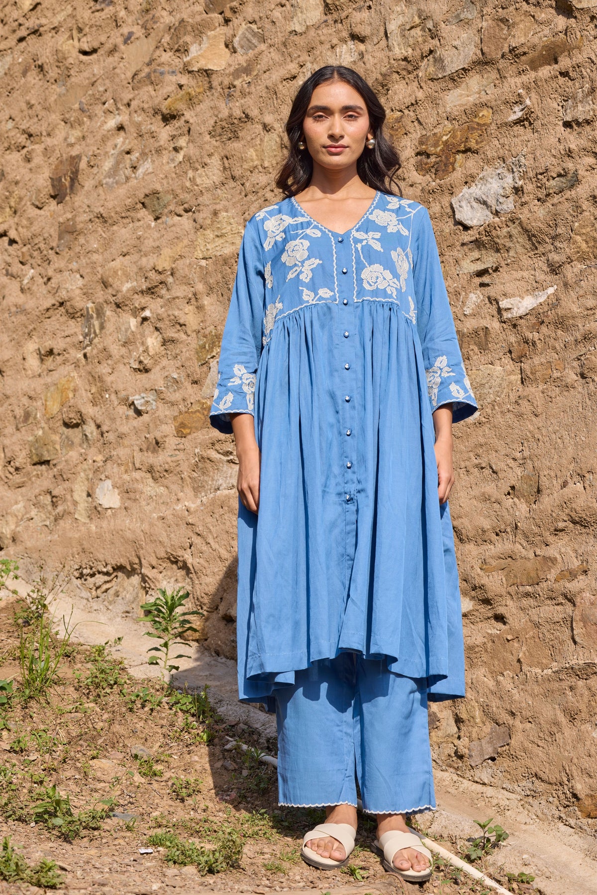 Blue Gathered Embroidered Kurta