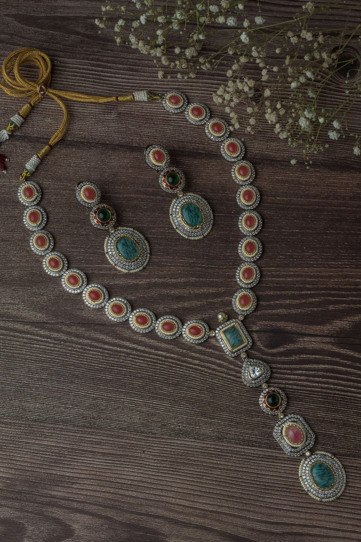 Silver Plated Multicolored Stone Long Necklace Set