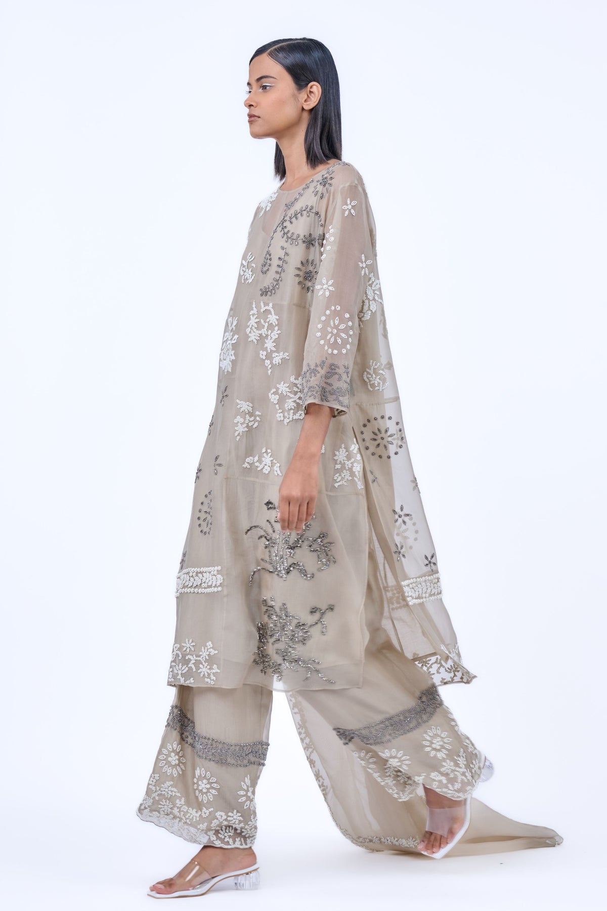 Ecru Silver Silk Organza Kurta