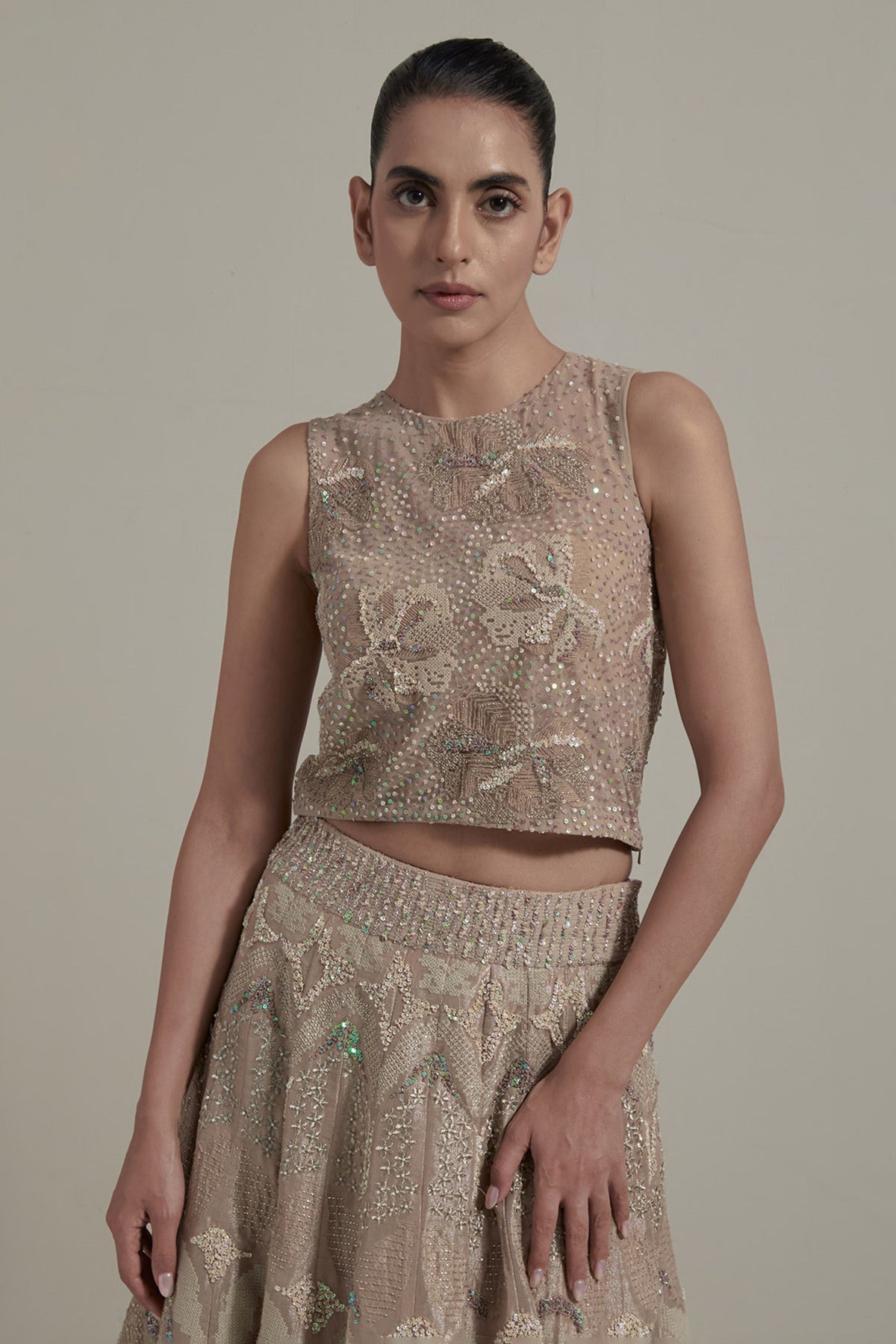 Beige Embellished Lehenga Set