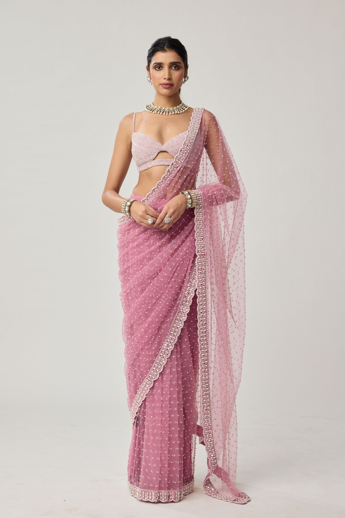 Onion Pink Net Saree Set