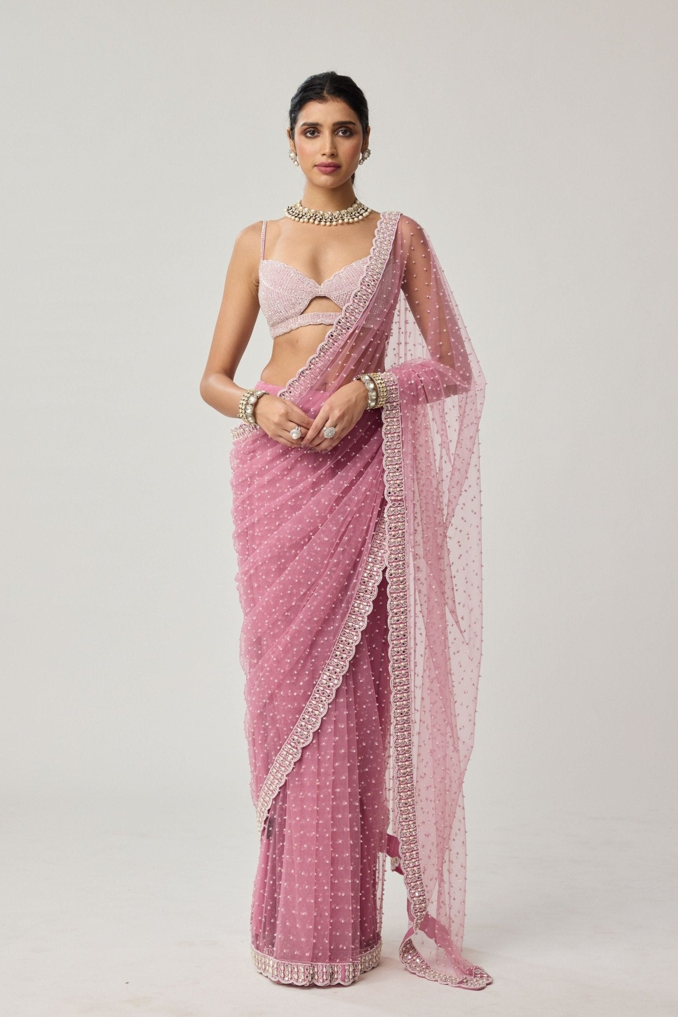 Onion Pink Net Saree Set - Vvani by Vani Vats - Elahe