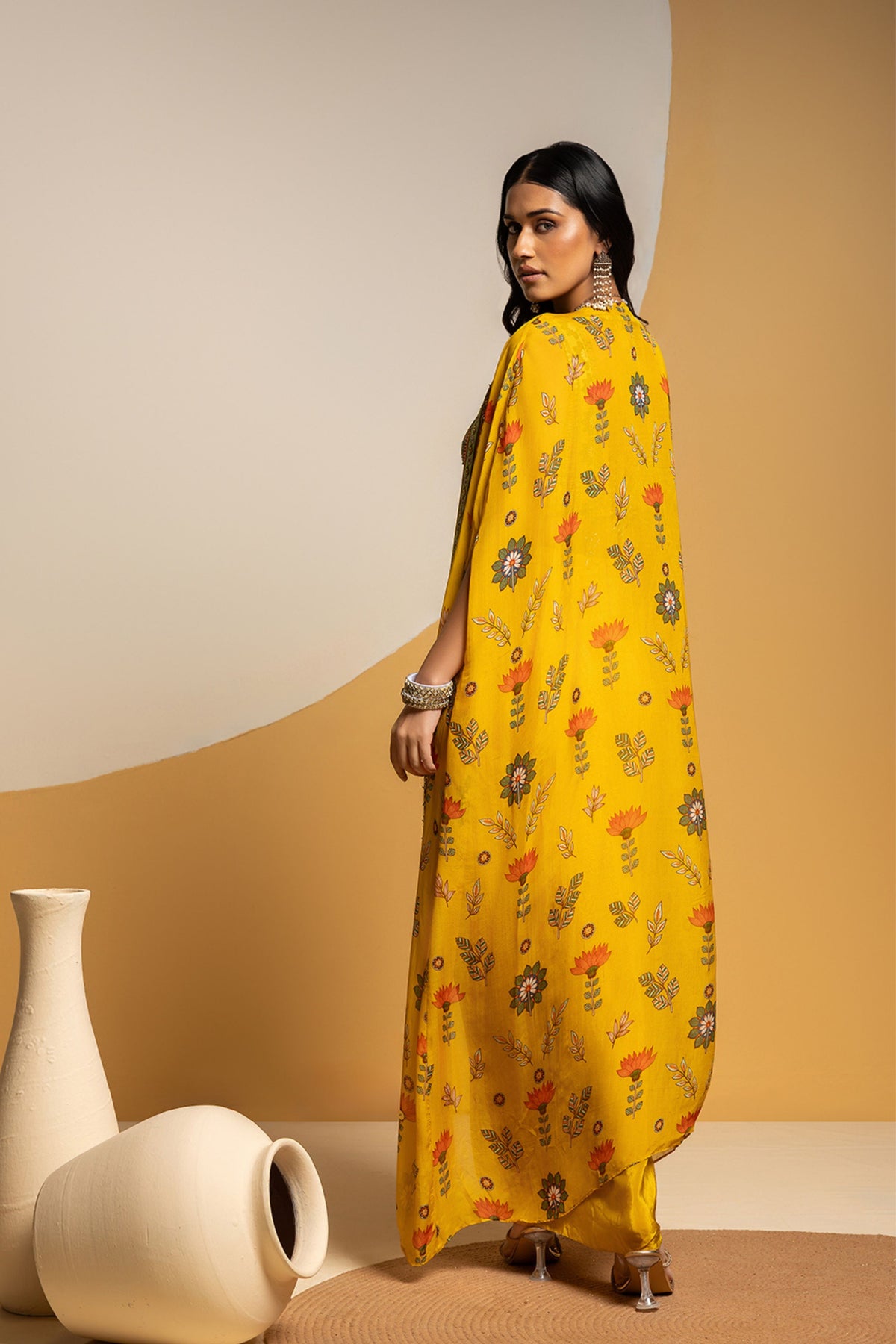 Embellished V Neck Drape Skirt Set