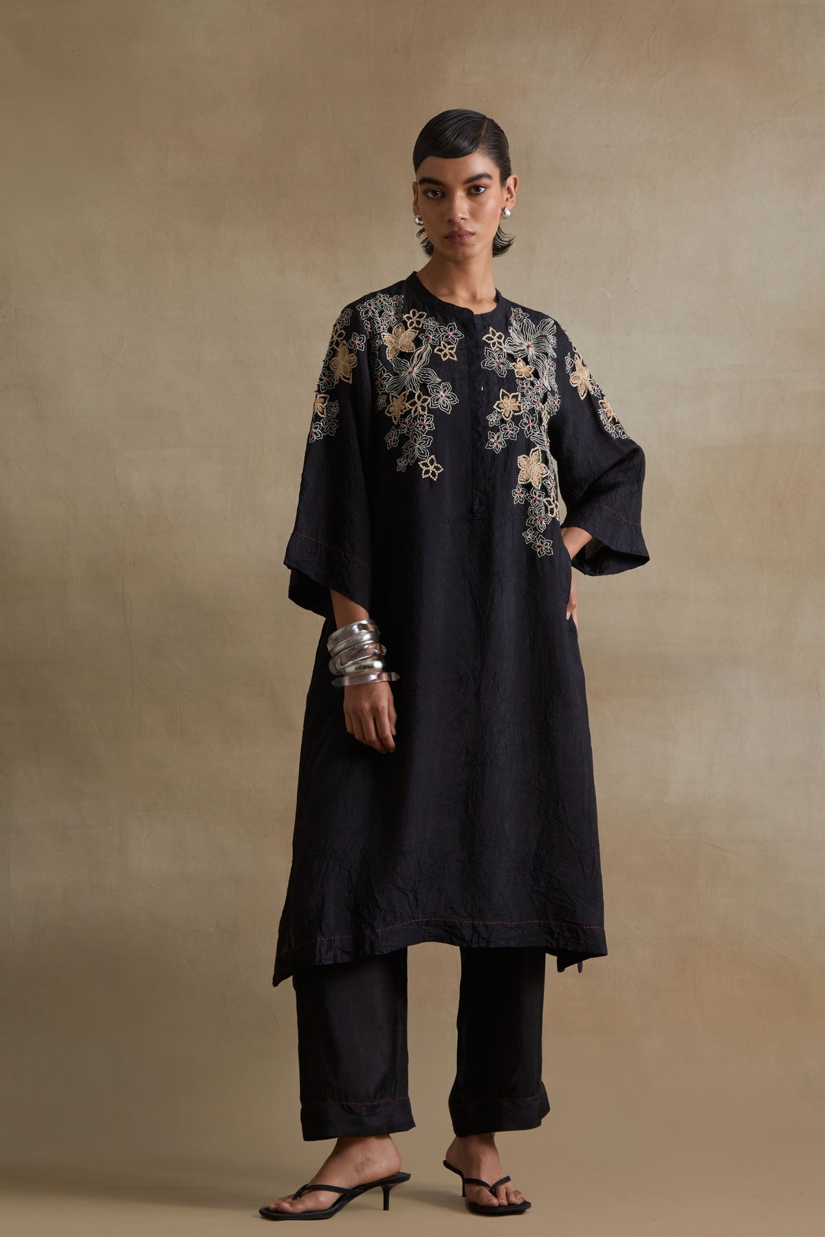 Black Embroidered Floral Kurta Set