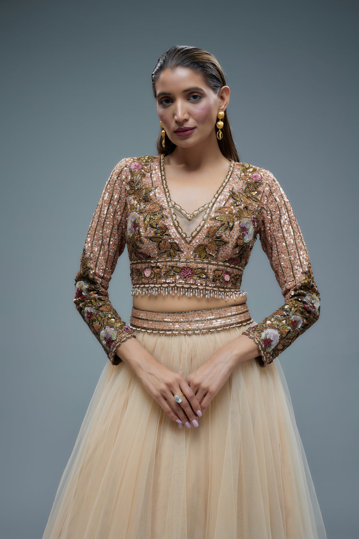 Beige Net Lehenga Set