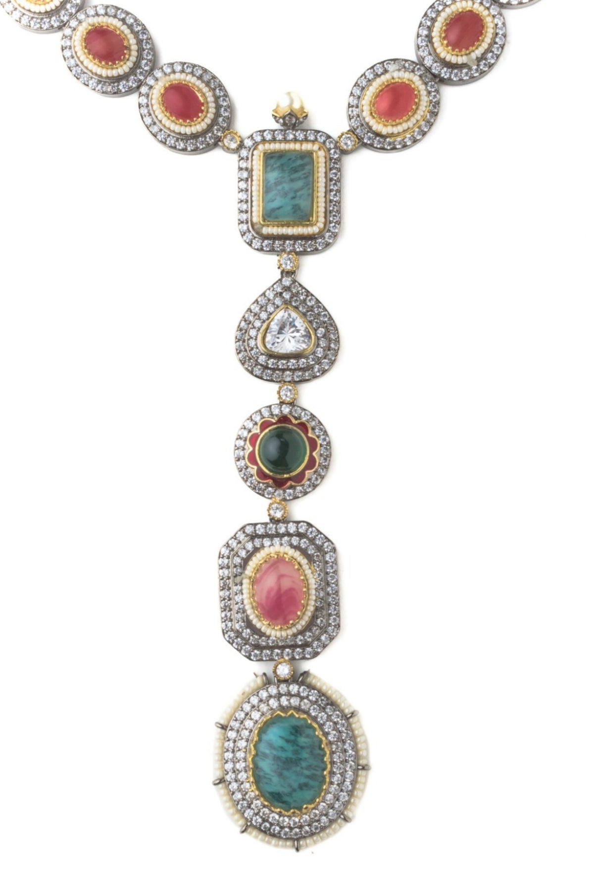 Silver Plated Multicolored Stone Long Necklace Set