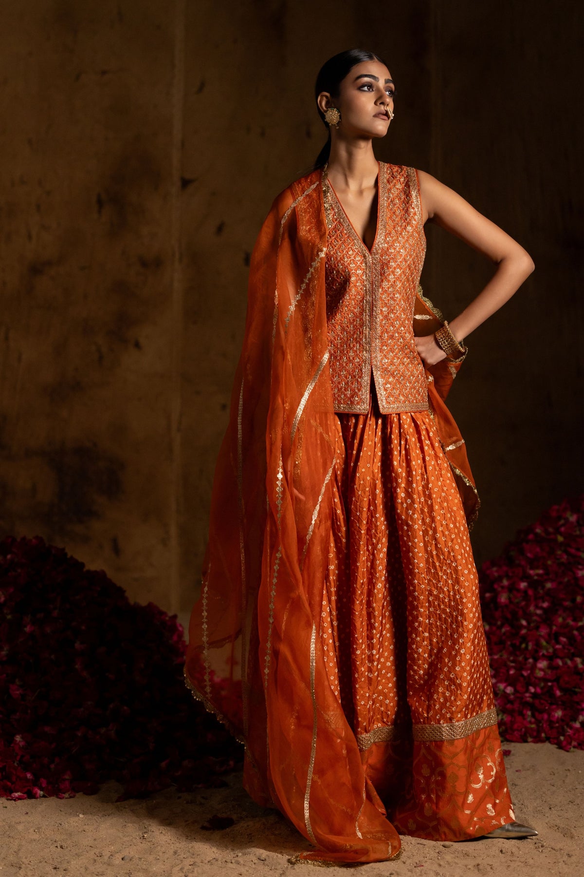 Rust  Bandhani Jacket Set
