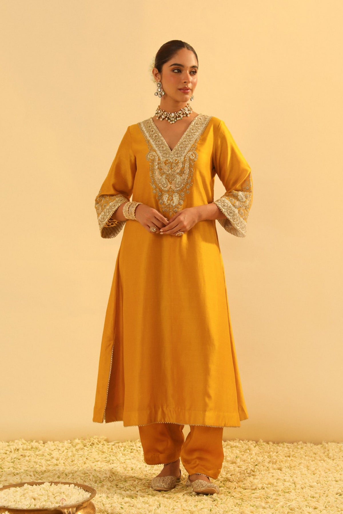 Shazana Mustard Long A-line Choga With Salwar