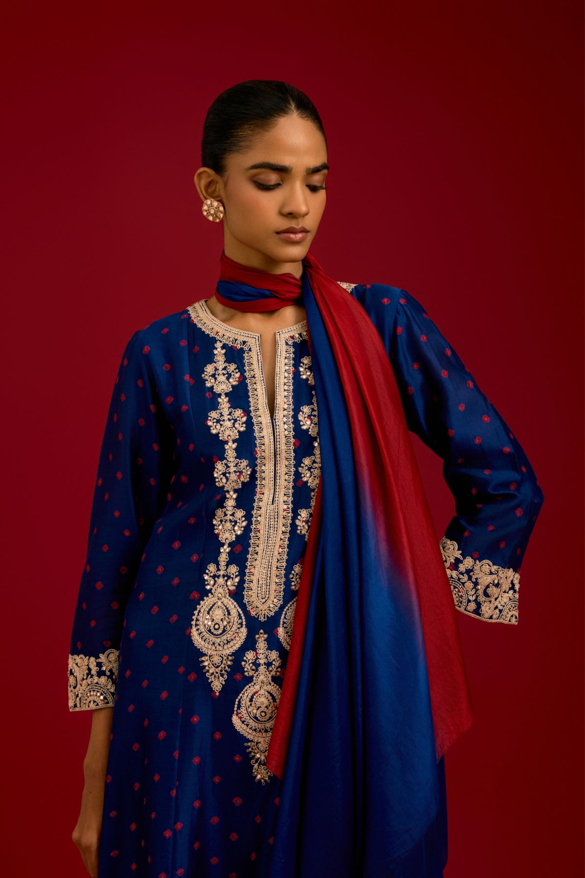 Navy Bhandhej Sequins Kurta Set