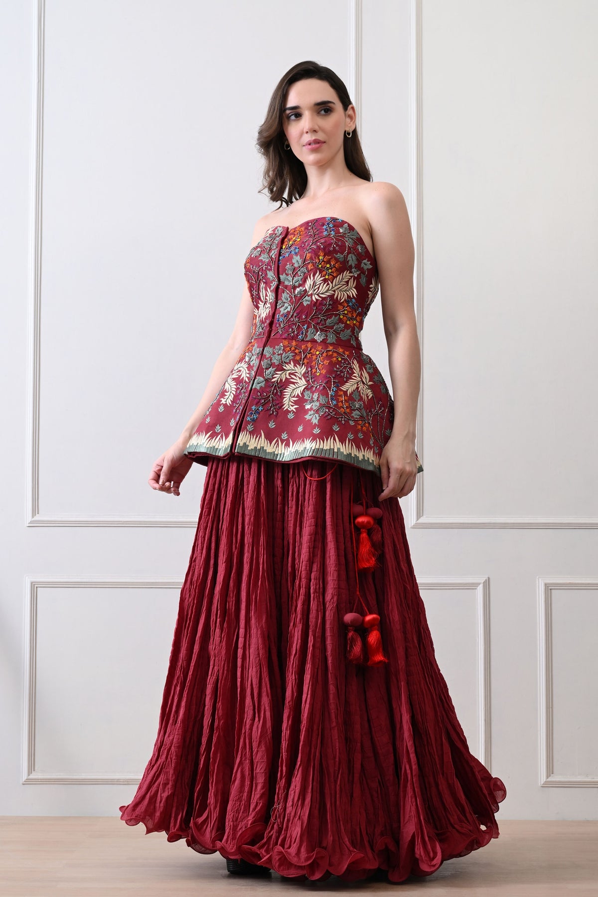 Maroon Strapless Peplum Skirt Set