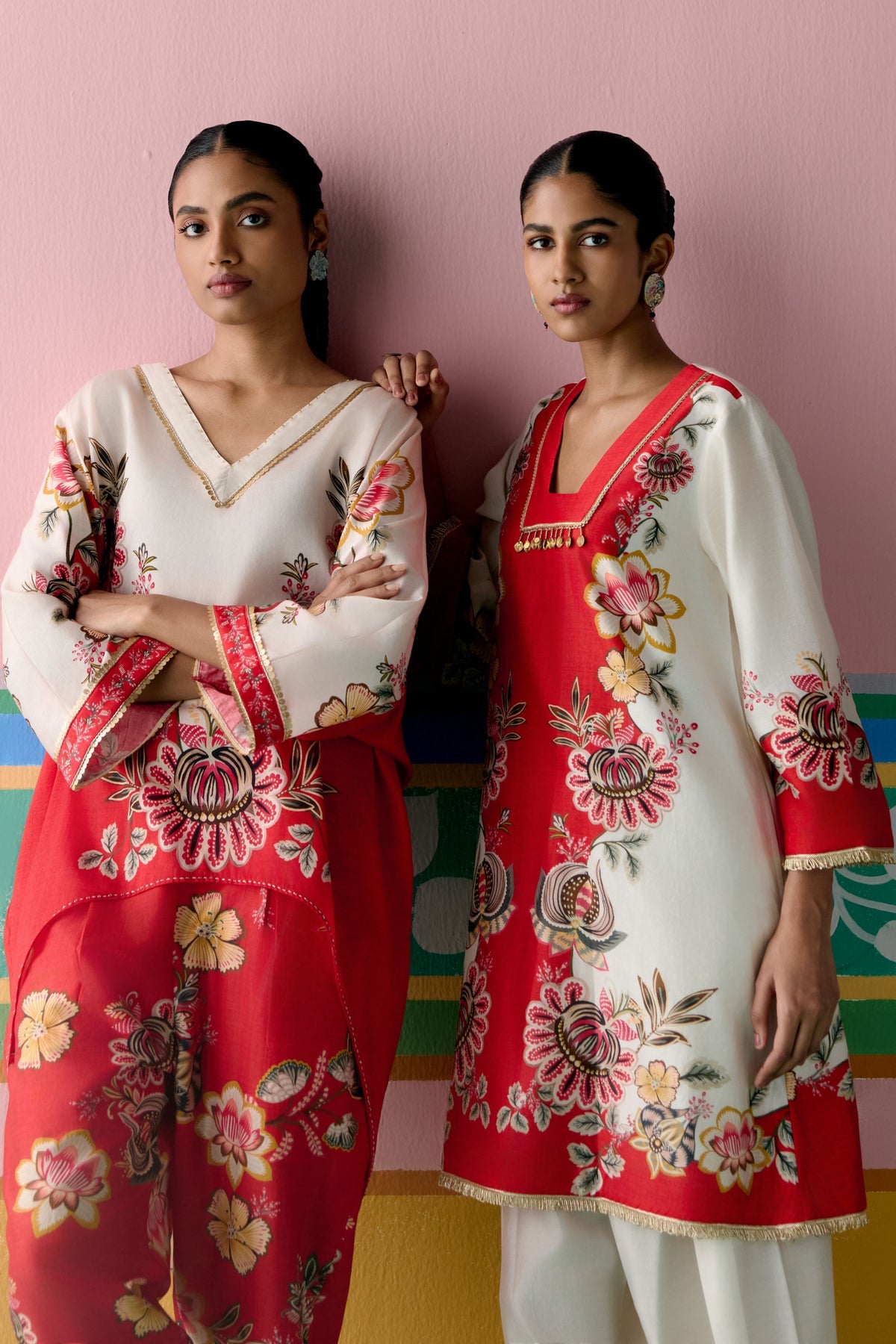 Ecru Red Floral Kurta Set