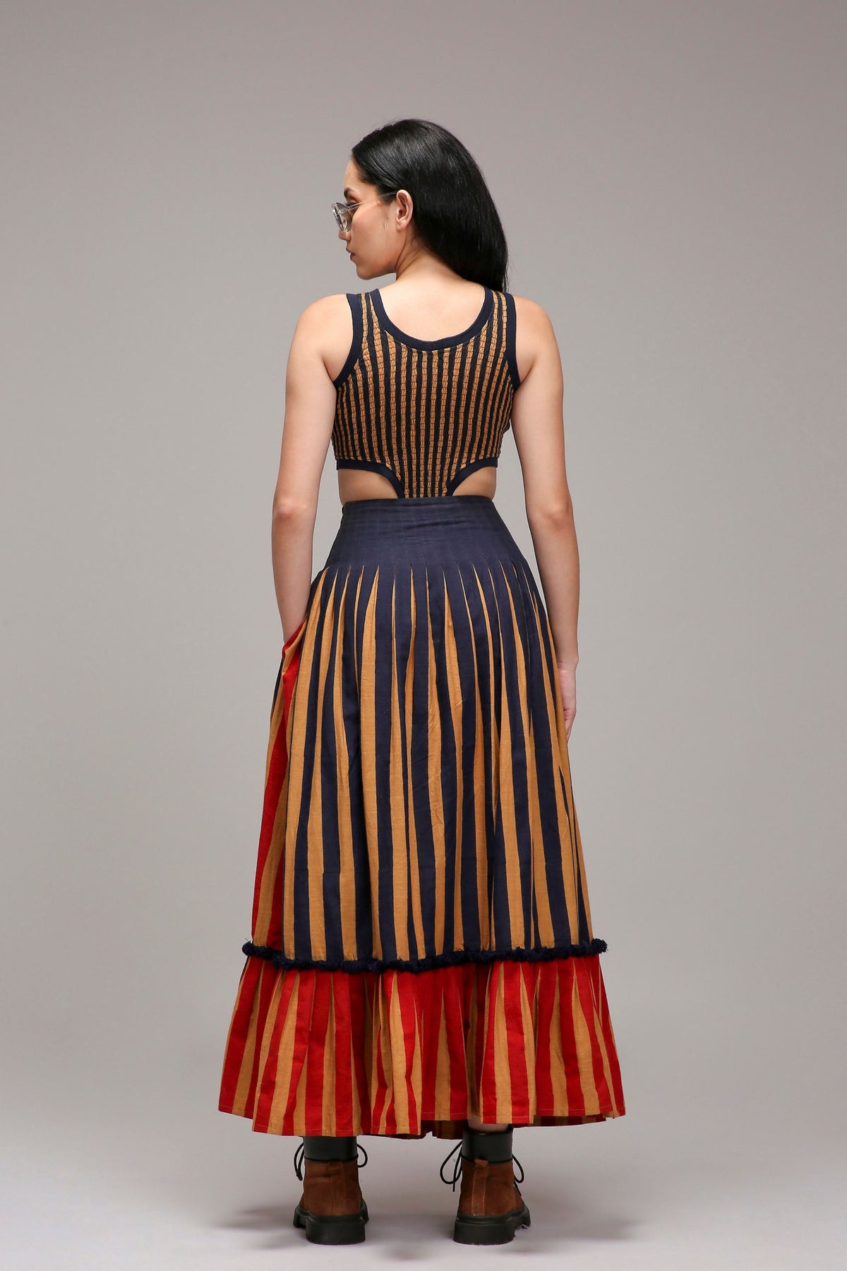 Tan-brown Bodysuit Dual Striped Skirt