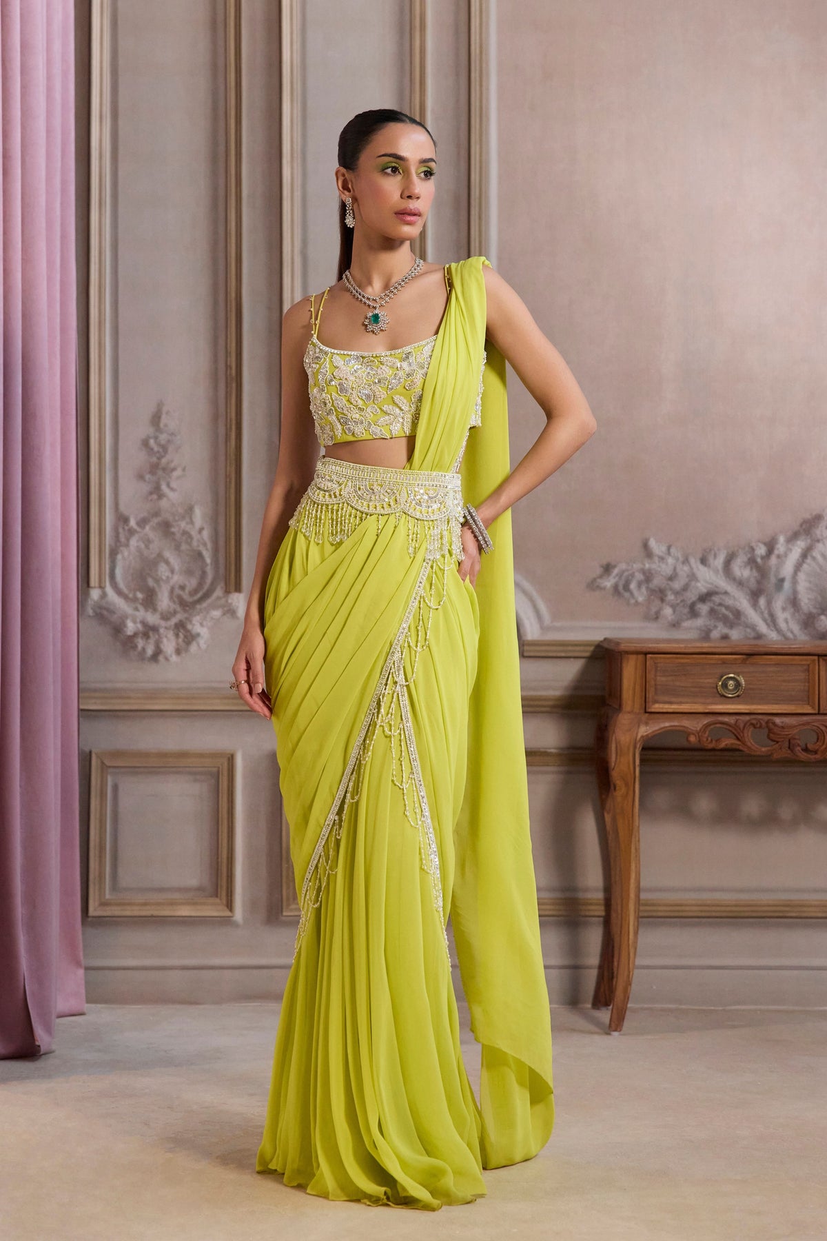 Neon Green Pre-draped Saree Set
