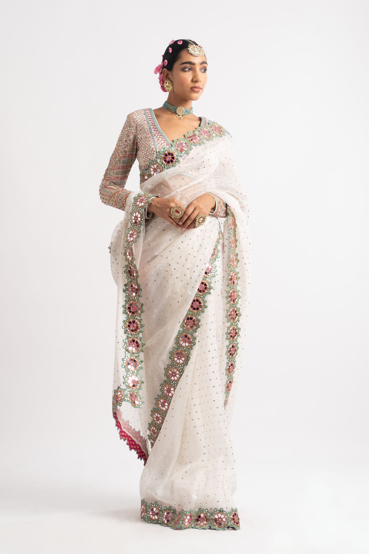 White mirror border saree set