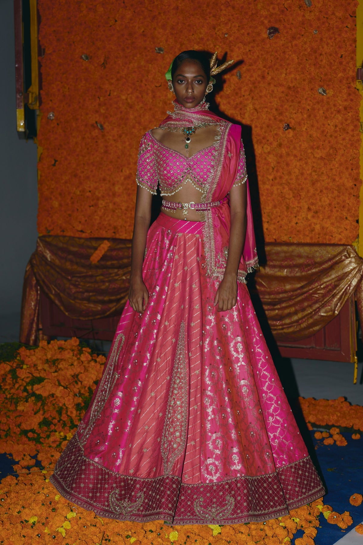 Panelled  Silk Banarsi Lehenga Set