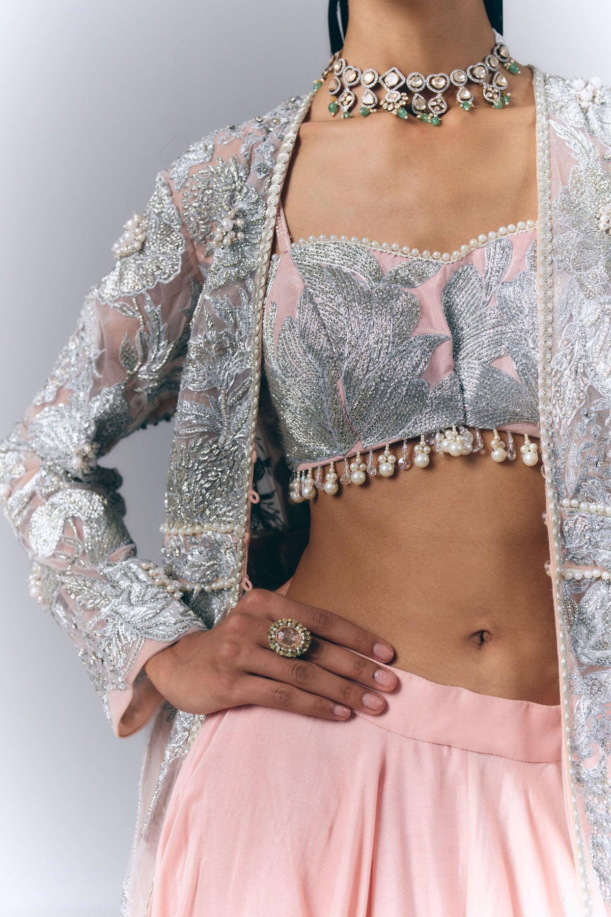 Peach Embellished Long Jacket Set