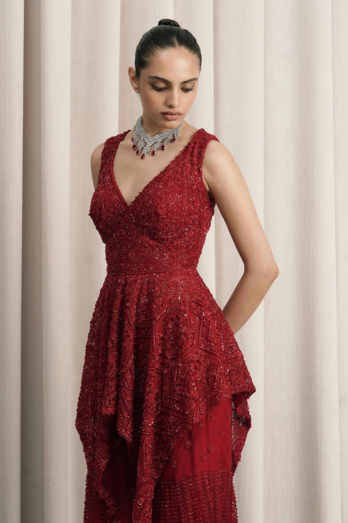 Red Embellished Jacket Sharara Set