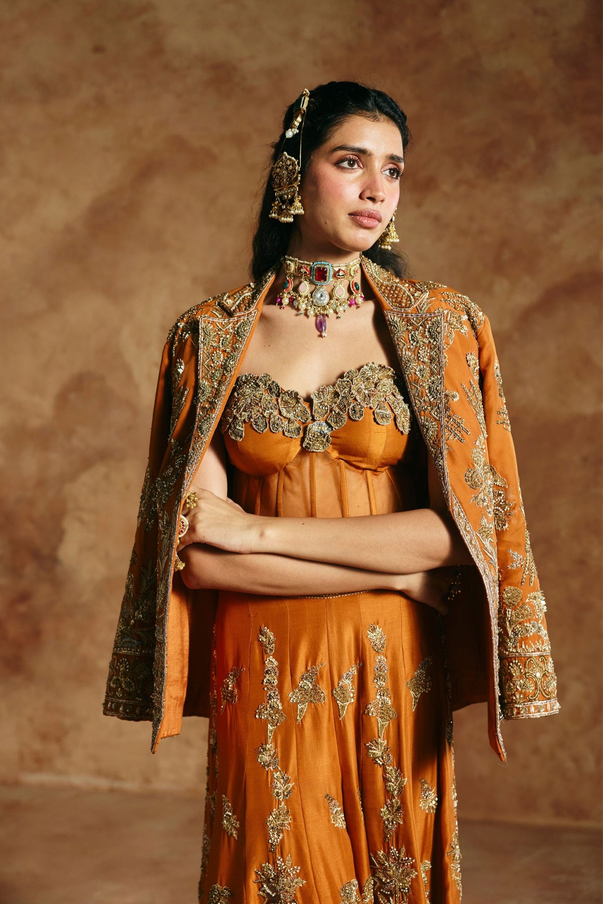 Orange Zardozi Sindh Jacket Set