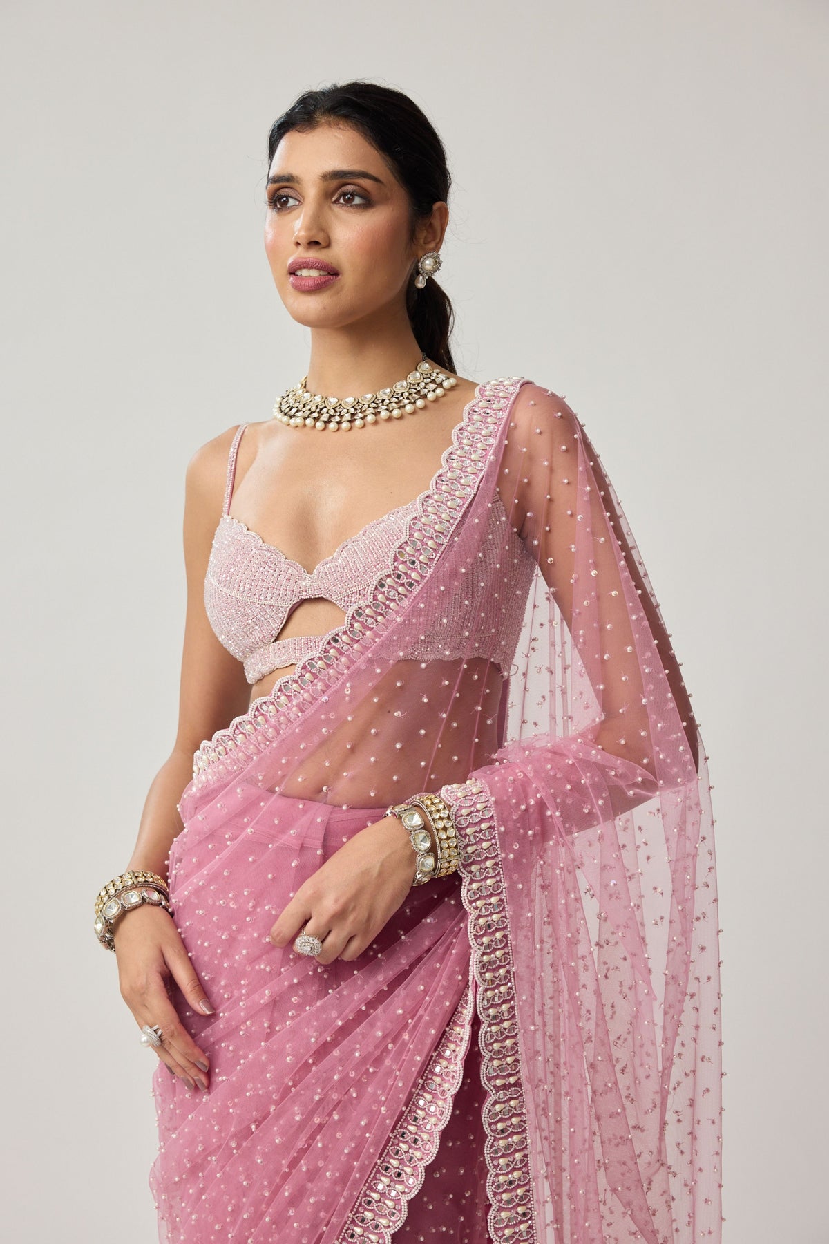 Onion Pink Net Saree Set