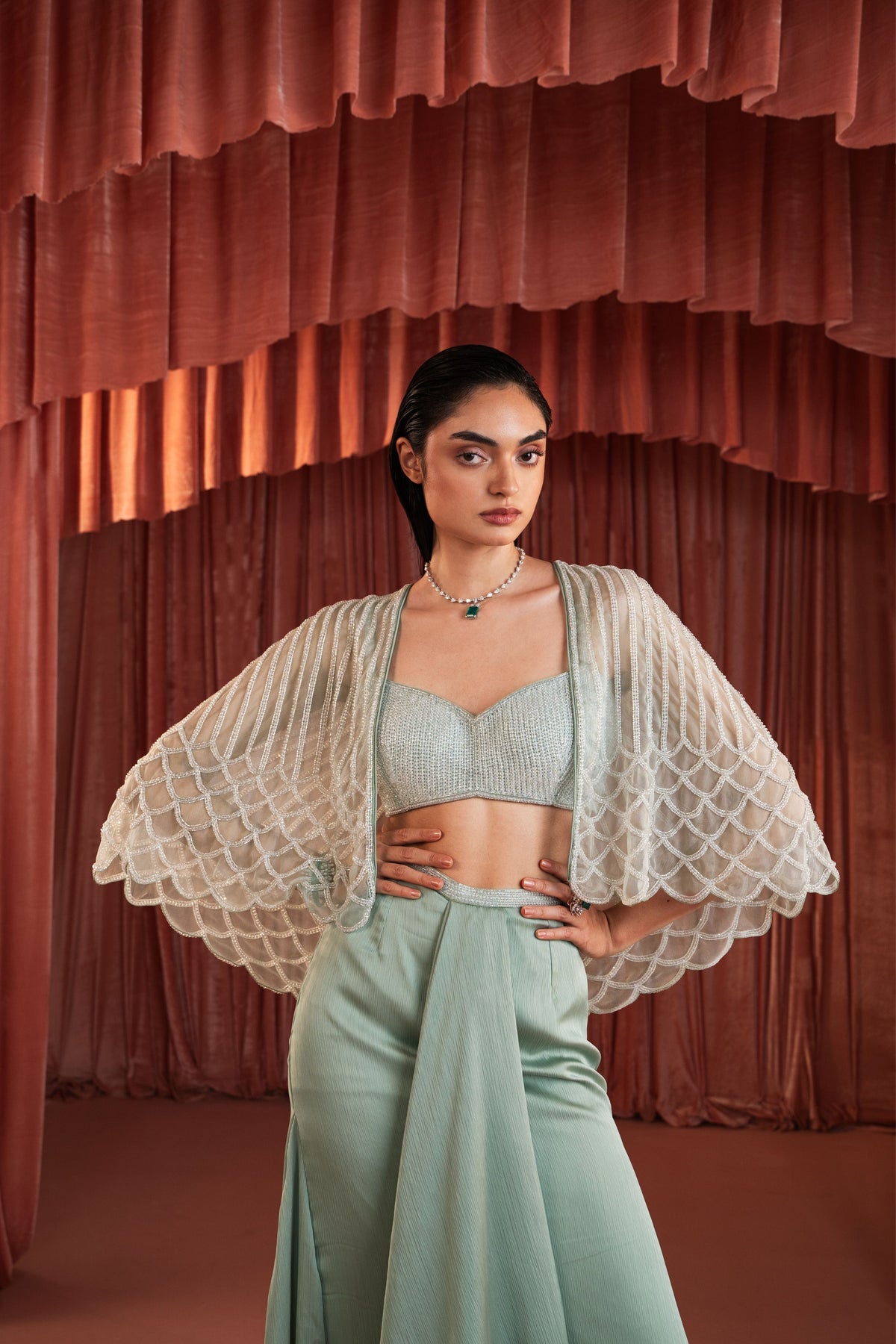 Sea Green Beaded Cape Set