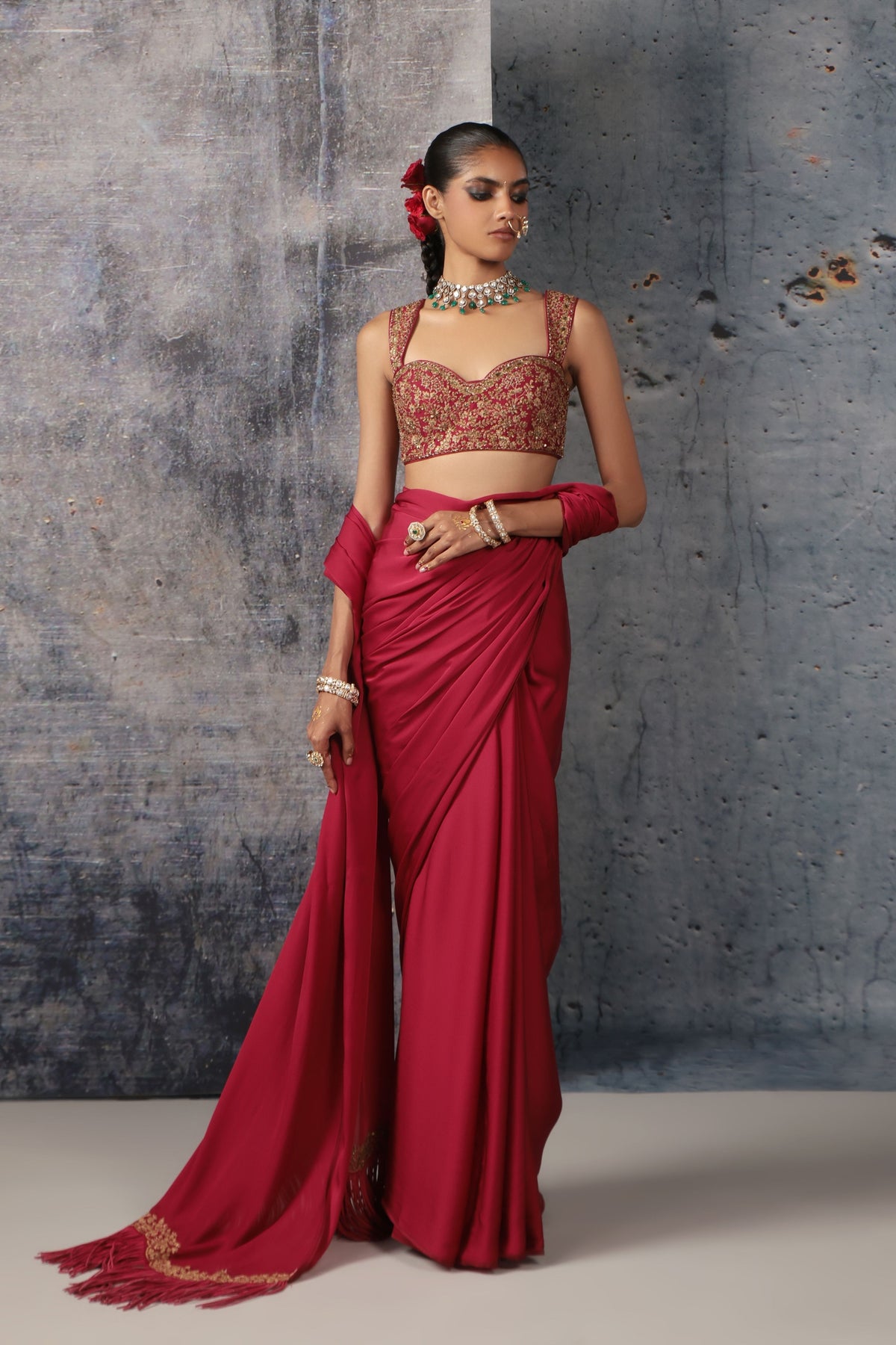 Maroon Heavy Fringe Saree Set