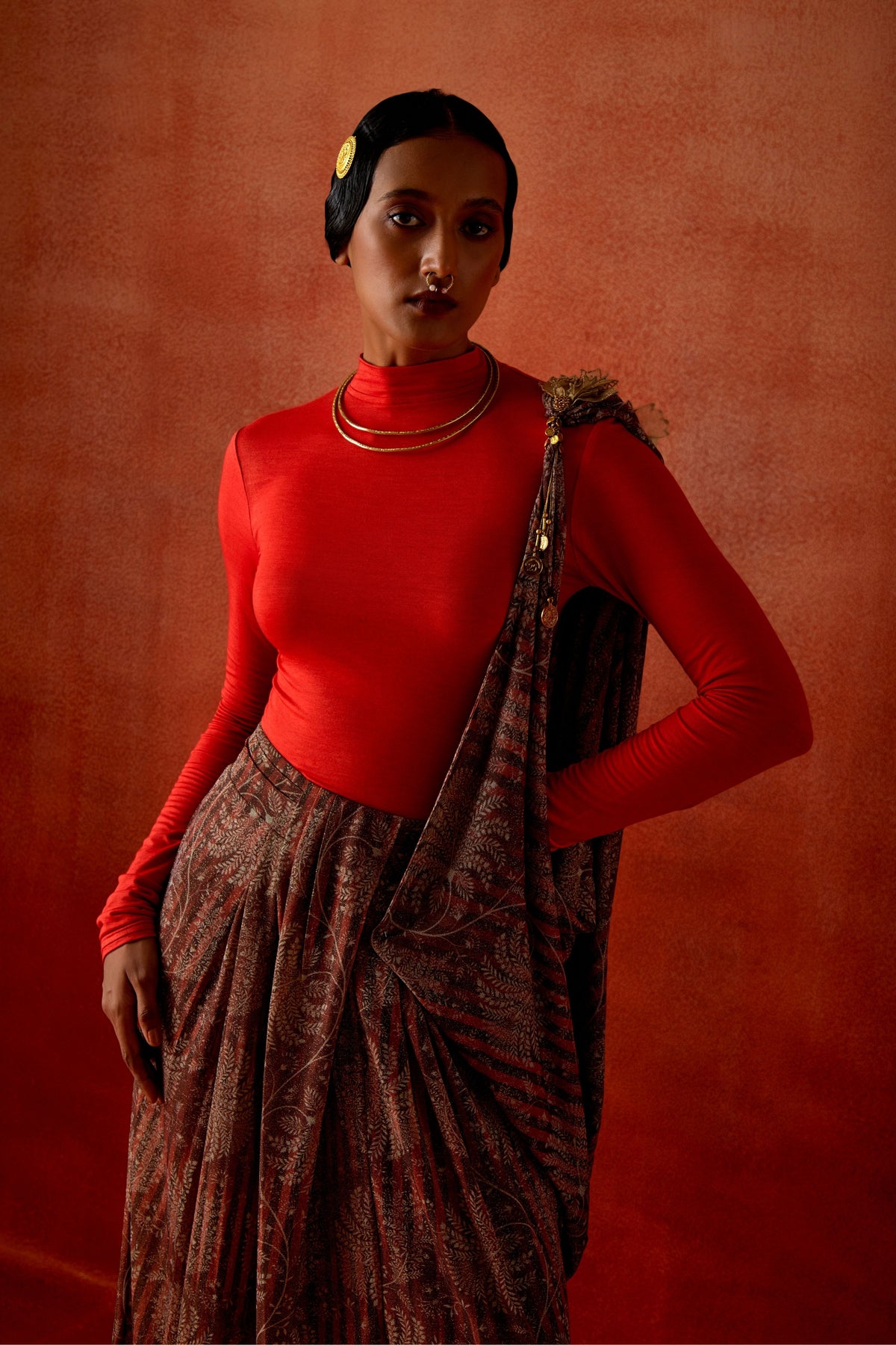 Wine Draped Sari Ensemble