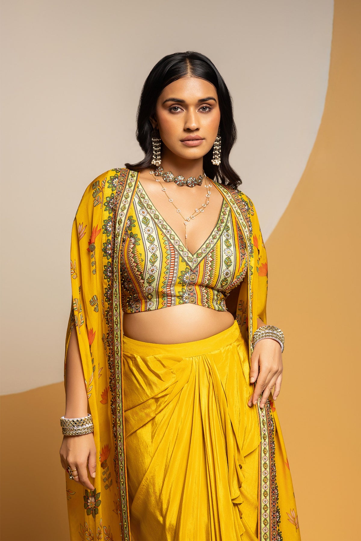 Embellished V Neck Drape Skirt Set