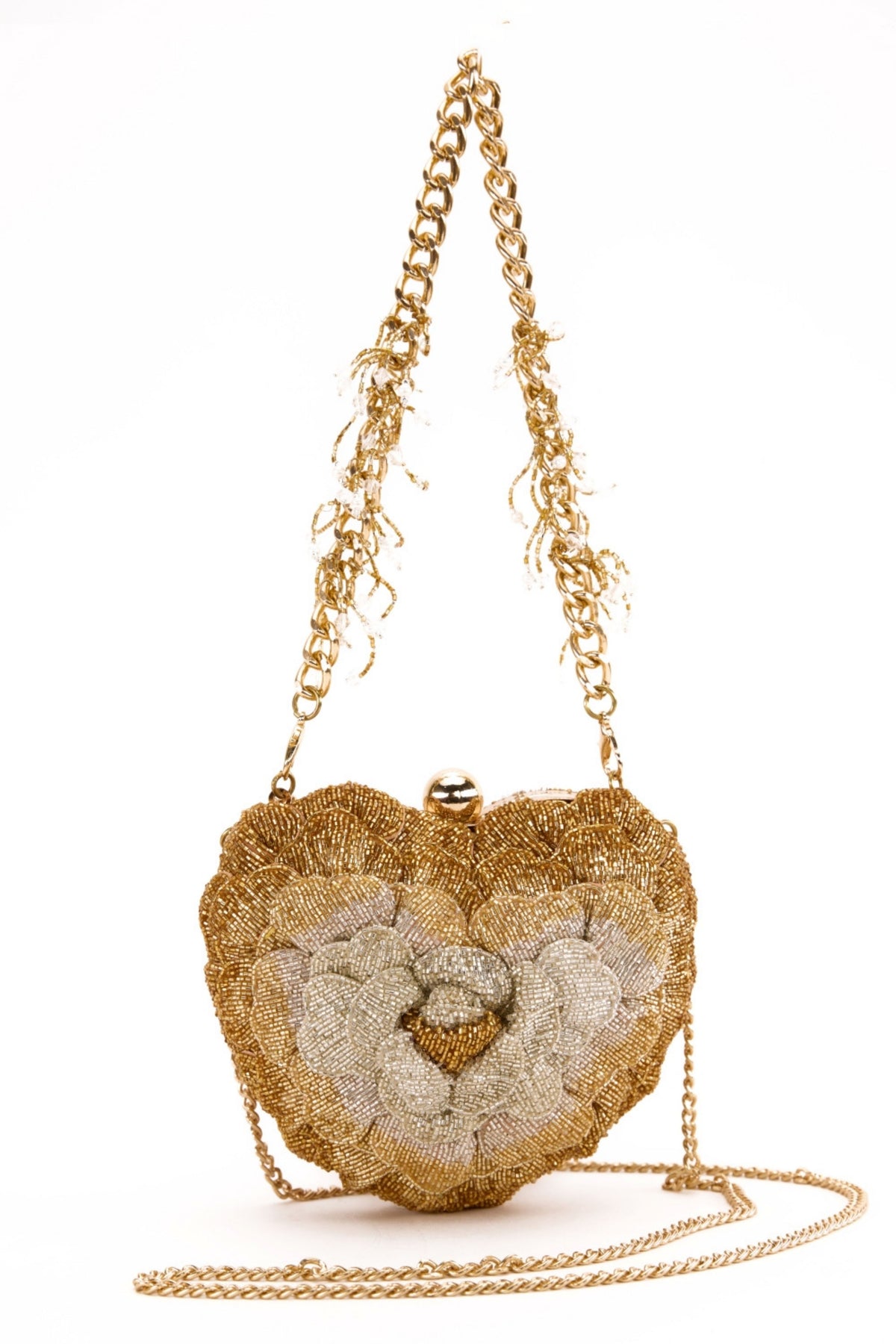 Isa Beaded Heart Clutch – Gold Silver