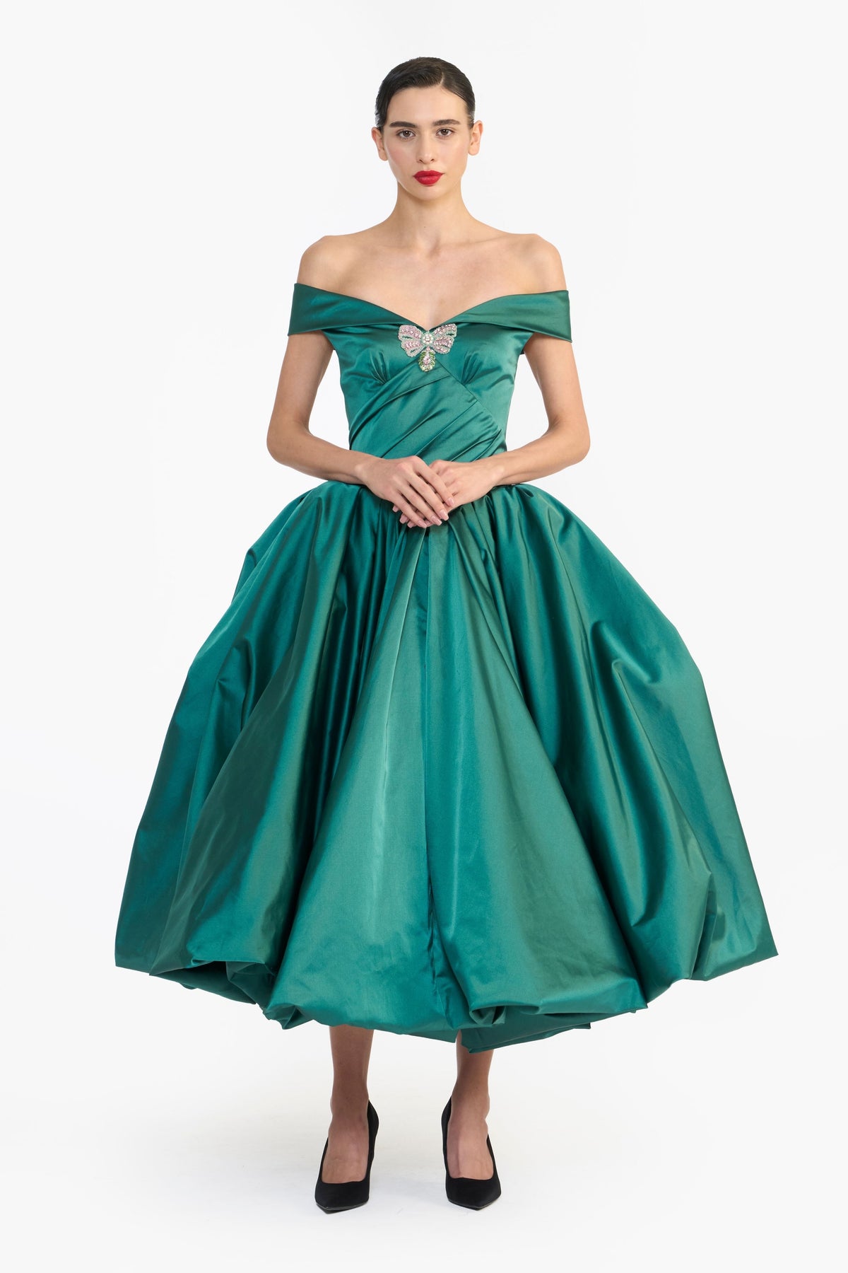 Off Shoulder Draped Balloon Midi