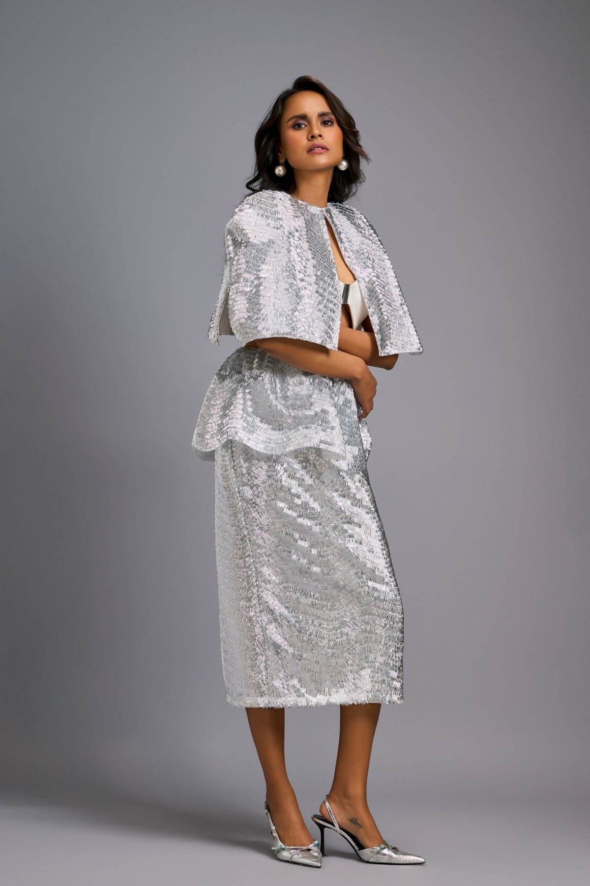 Shimmer Embroidered Silver Midi Skirt