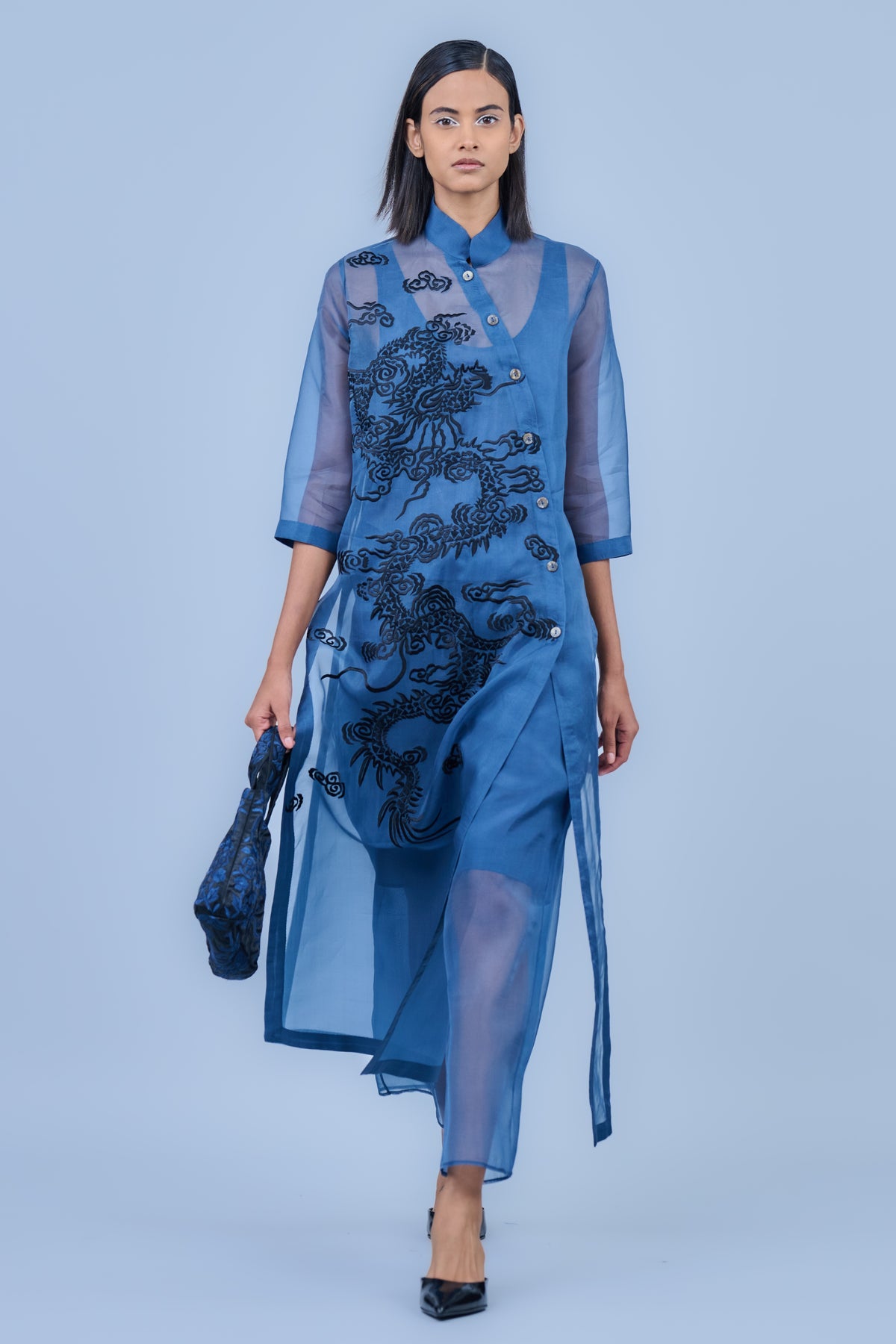 Blue Black Satin Threadwork Bag
