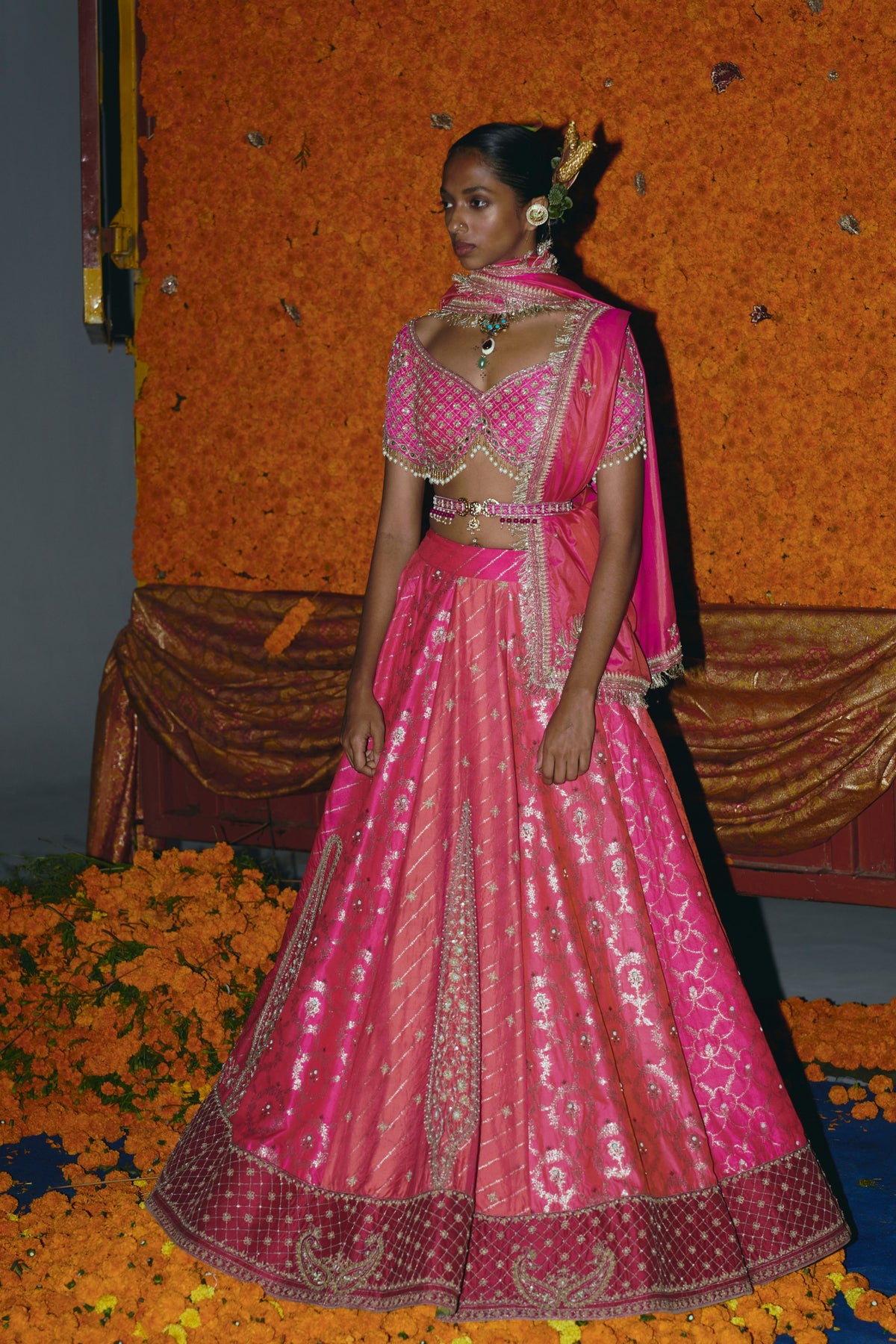 Panelled  Silk Banarsi Lehenga Set