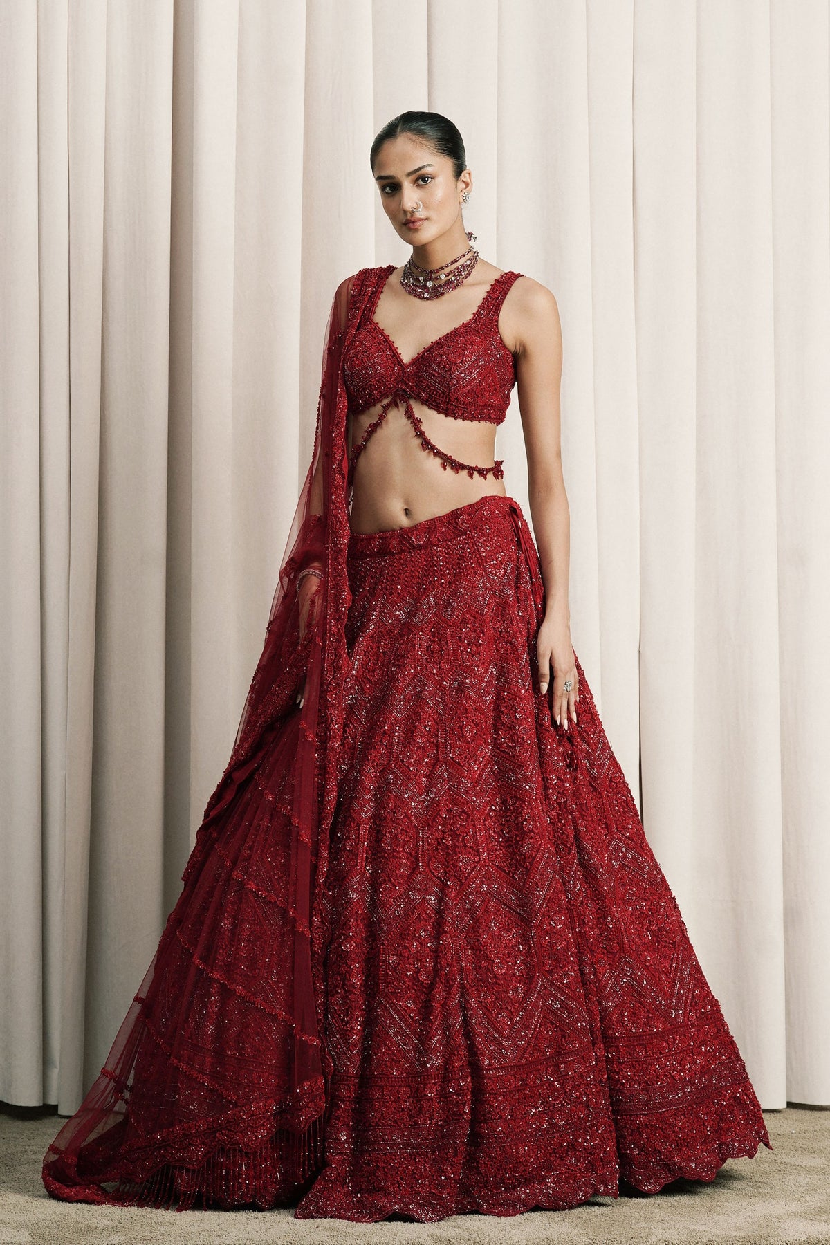 Red Crystal Embroidered Lehenga Set
