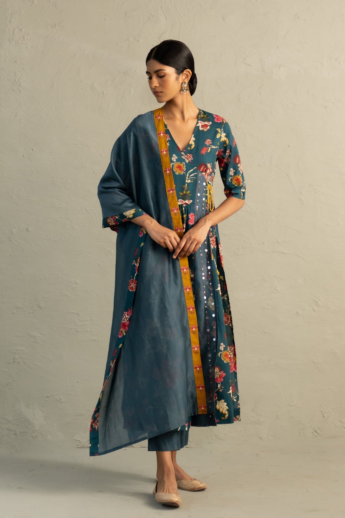 Teal Angrakha Straight Kurta Set