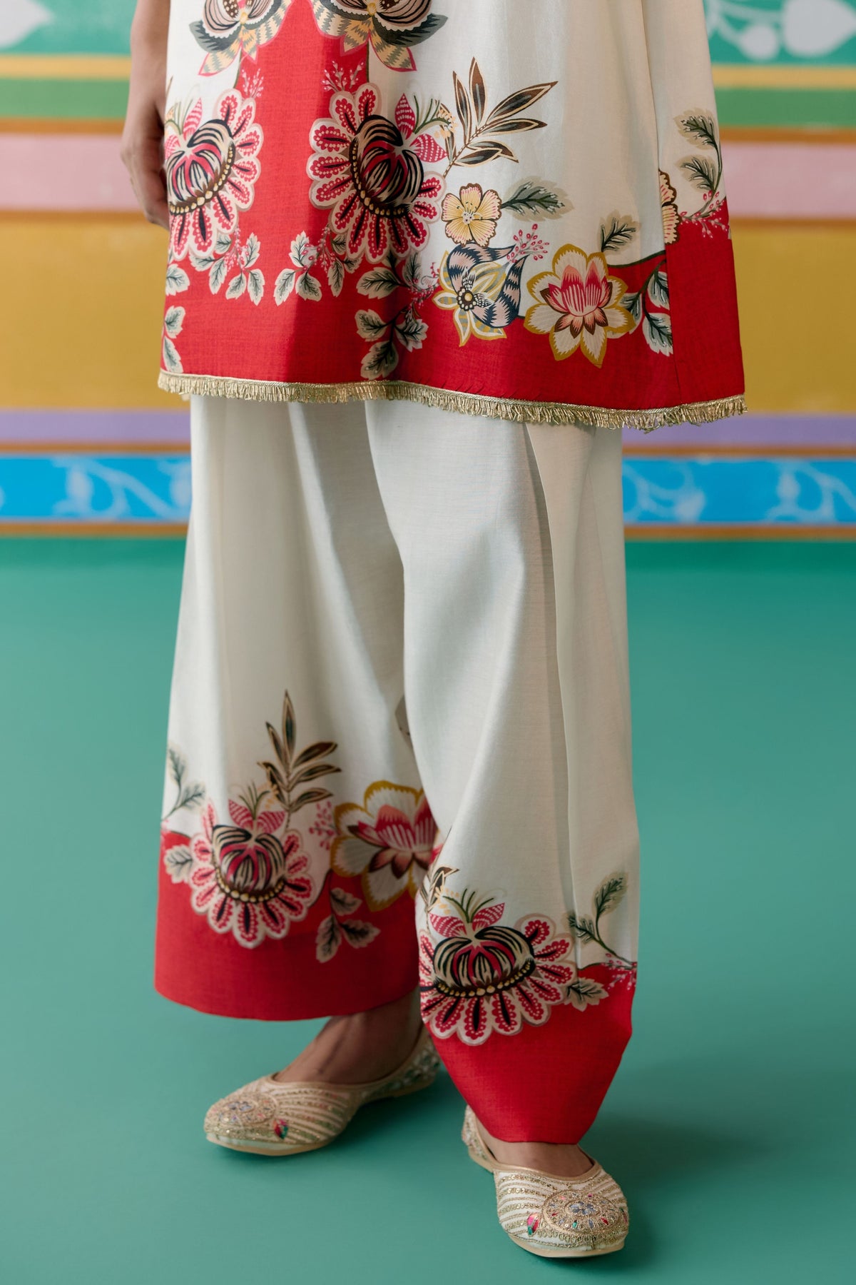 Ecru Red Floral Kurta Set